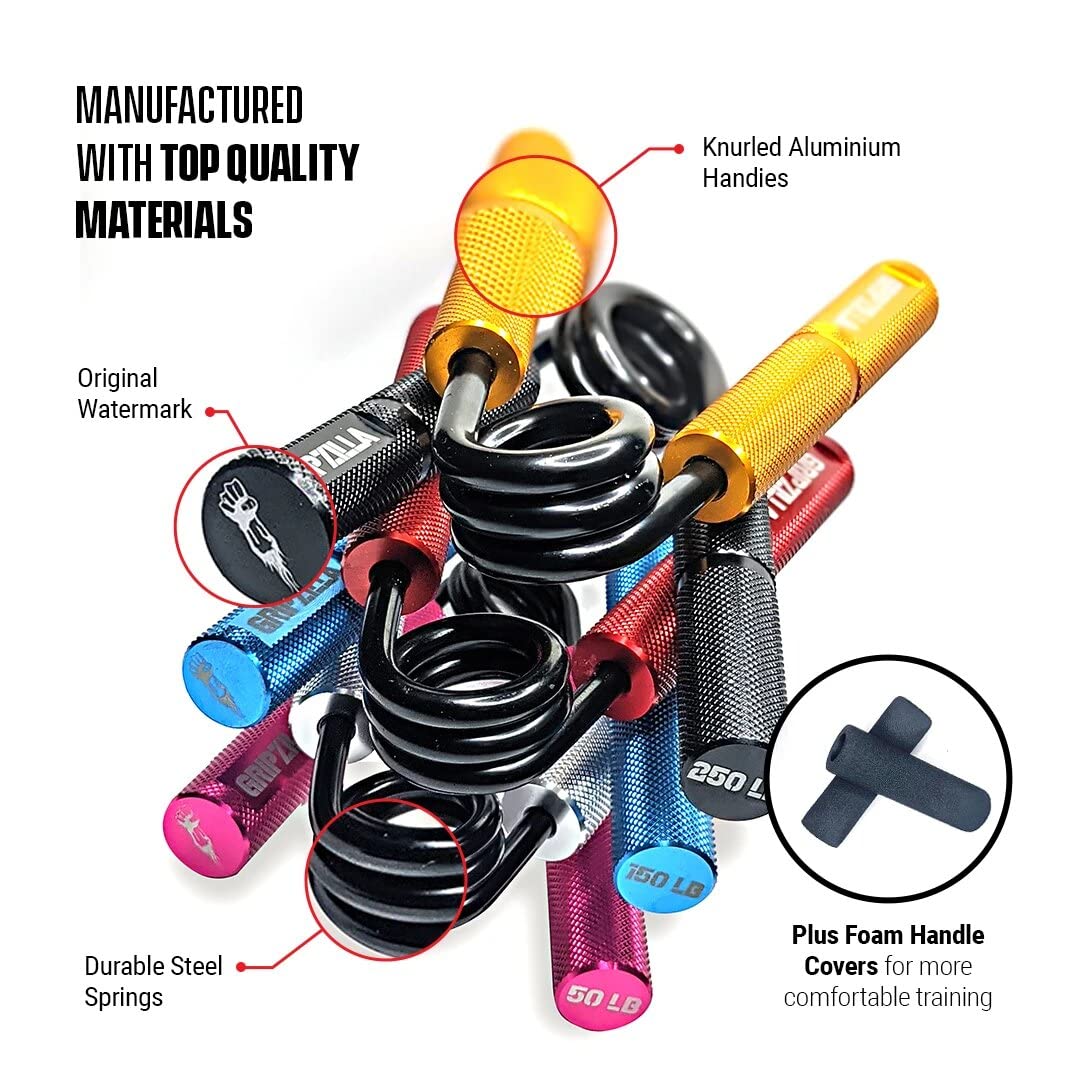 GRIPZILLA Grip Strength Trainer Set 50-300LB - Heavy Duty Hand Gripper Strengthener Kit with Non-Slip Metal Handle - Forearm & Wrist Exerciser for Athletes, Rock Climbers & Weightlifters - Perfect for Home Gym, Office & Travel Workouts