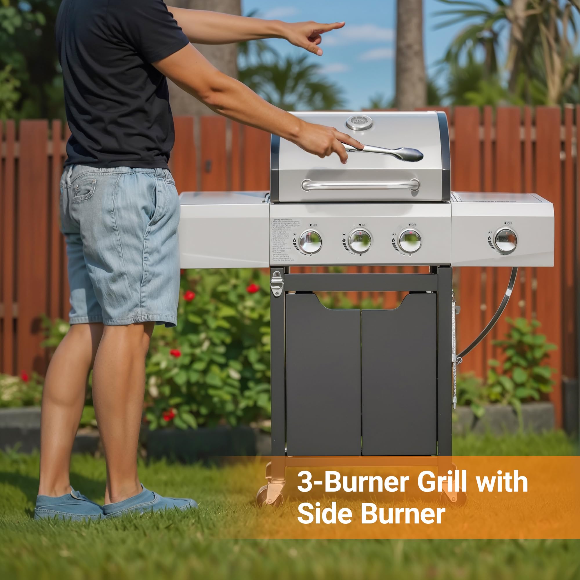 3 Burner Stainless Steel Propane Gas Grill with Side Burner & Cover - Outdoor BBQ, Backyard Cooking, Camping & Tailgating - Perfect for Patio, Garden & Picnics