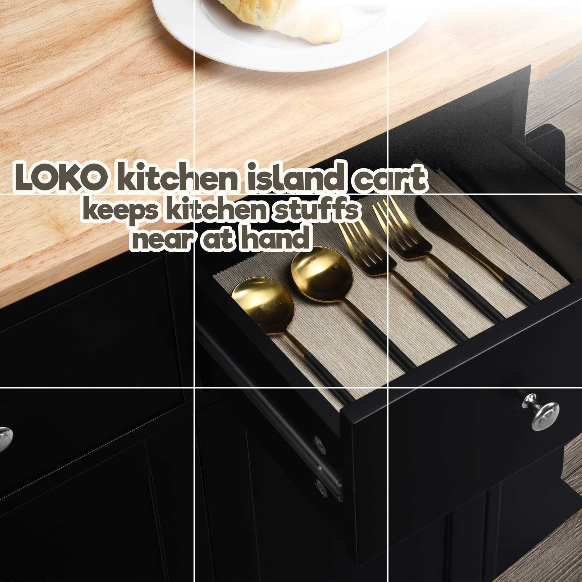 LOKO 3-Tier Rolling Kitchen Island Cart with Spice Rack & Towel Holder - Mobile Microwave Stand with Wheels & Rubber Wood Tabletop - 34.5