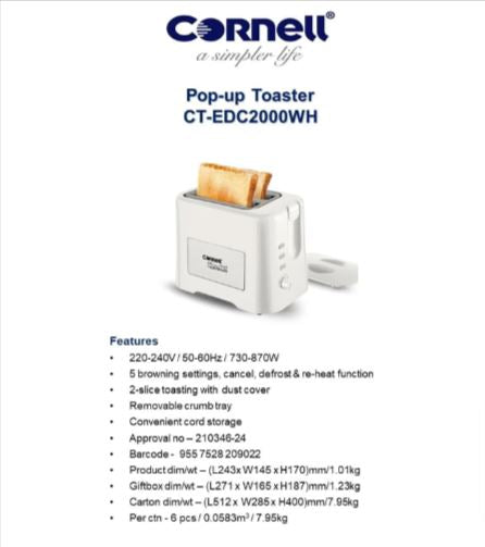 Cornell 2-Slice Pop Up Toaster - CTEDC2000WH (White) & CTEDC2000BK (Black) - Perfect for Breakfast, Dorm Rooms & Small Kitchens