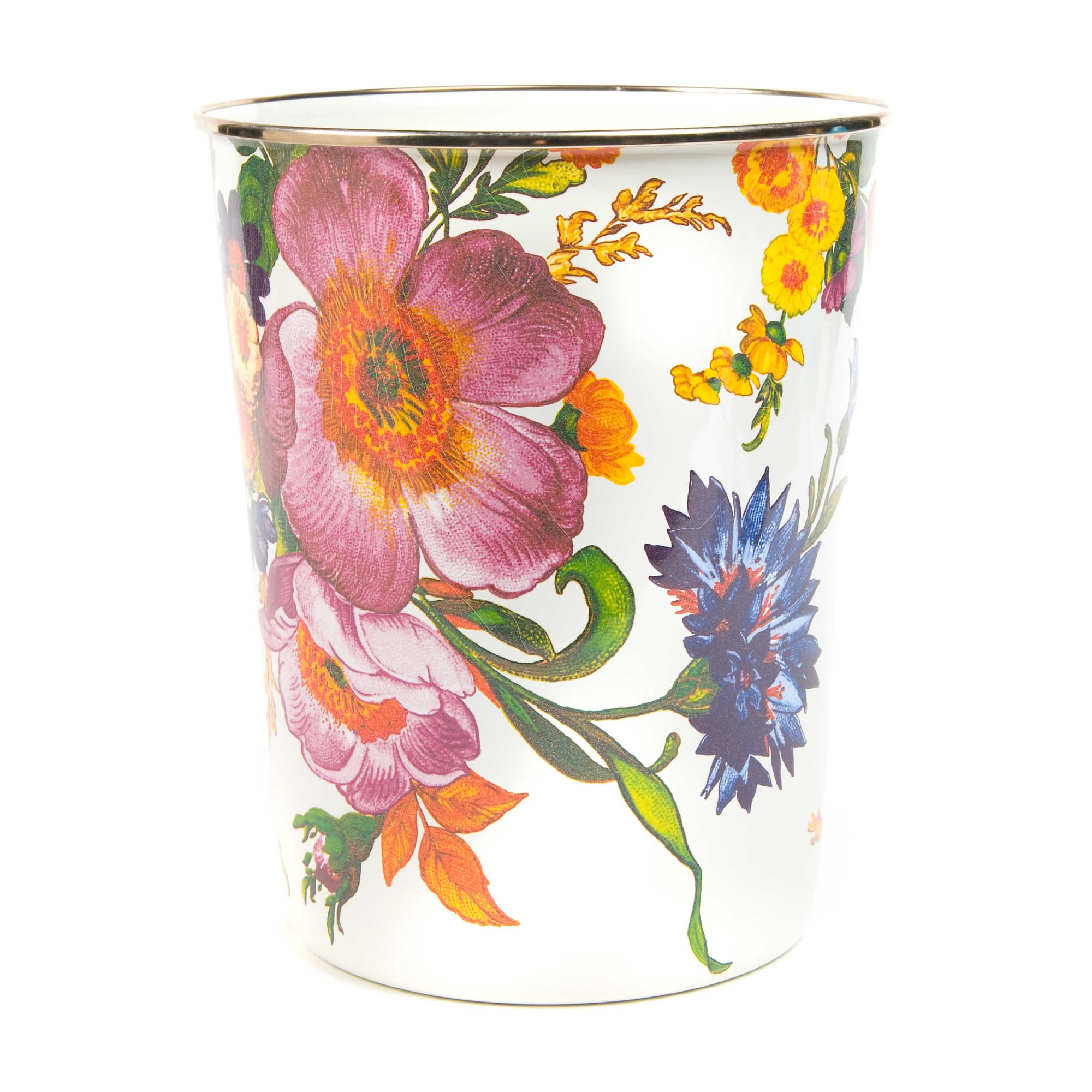MACKENZIE-CHILDS White Floral Waste Bin - Elegant Bedroom & Bathroom Trash Can with Decorative Flower Design - Perfect for Home, Office, or Hotel Decor