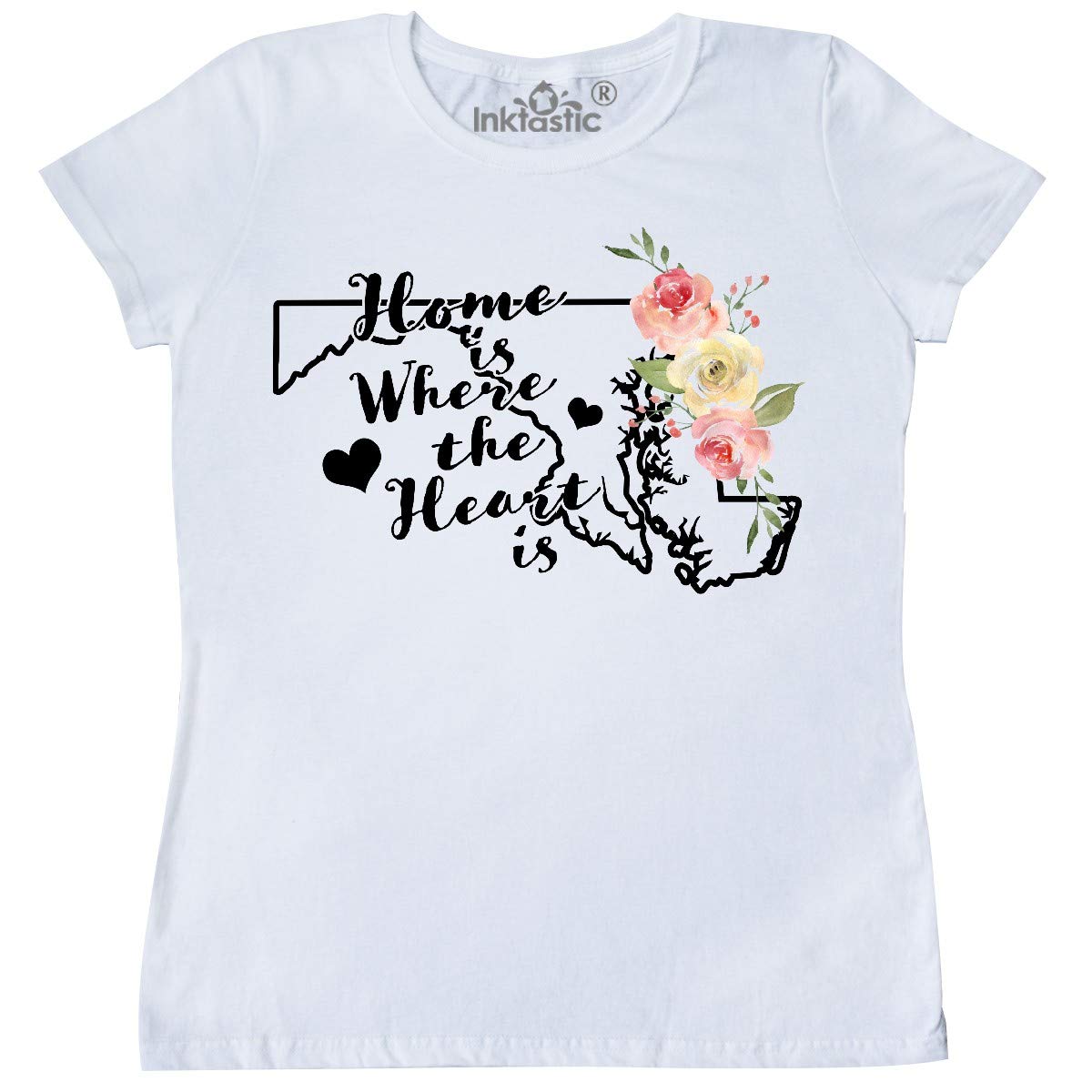 Inktastic Maryland Home is Where The Heart is Women's Watercolor T-Shirt - Comfortable Casual Wear for Everyday & State Pride