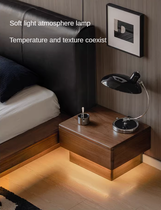Premium Black Walnut Solid Wood Nightstand with LED Light Drawer - Stylish Bedside Table for Bedroom, Living Room, or Guest Room