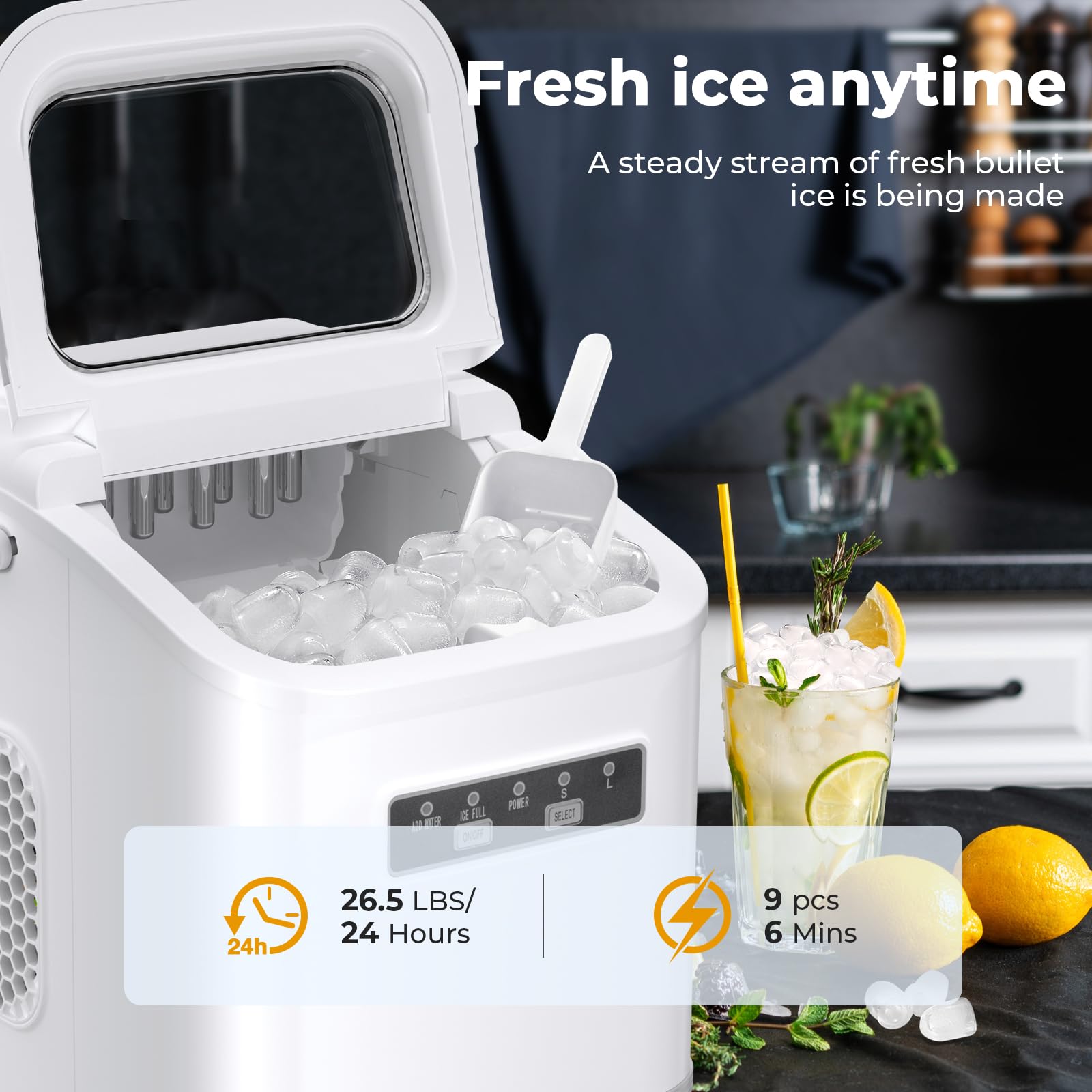 Portable Self-Cleaning Countertop Ice Maker Machine - 9 Cubes in 6 Minutes, 26.5lbs/24h Output - 2 Ice Cube Sizes (Bullet & Cube) with Scoop & Basket - Perfect for Home Kitchen, Office, Bar, Parties & Outdoor Events (White)