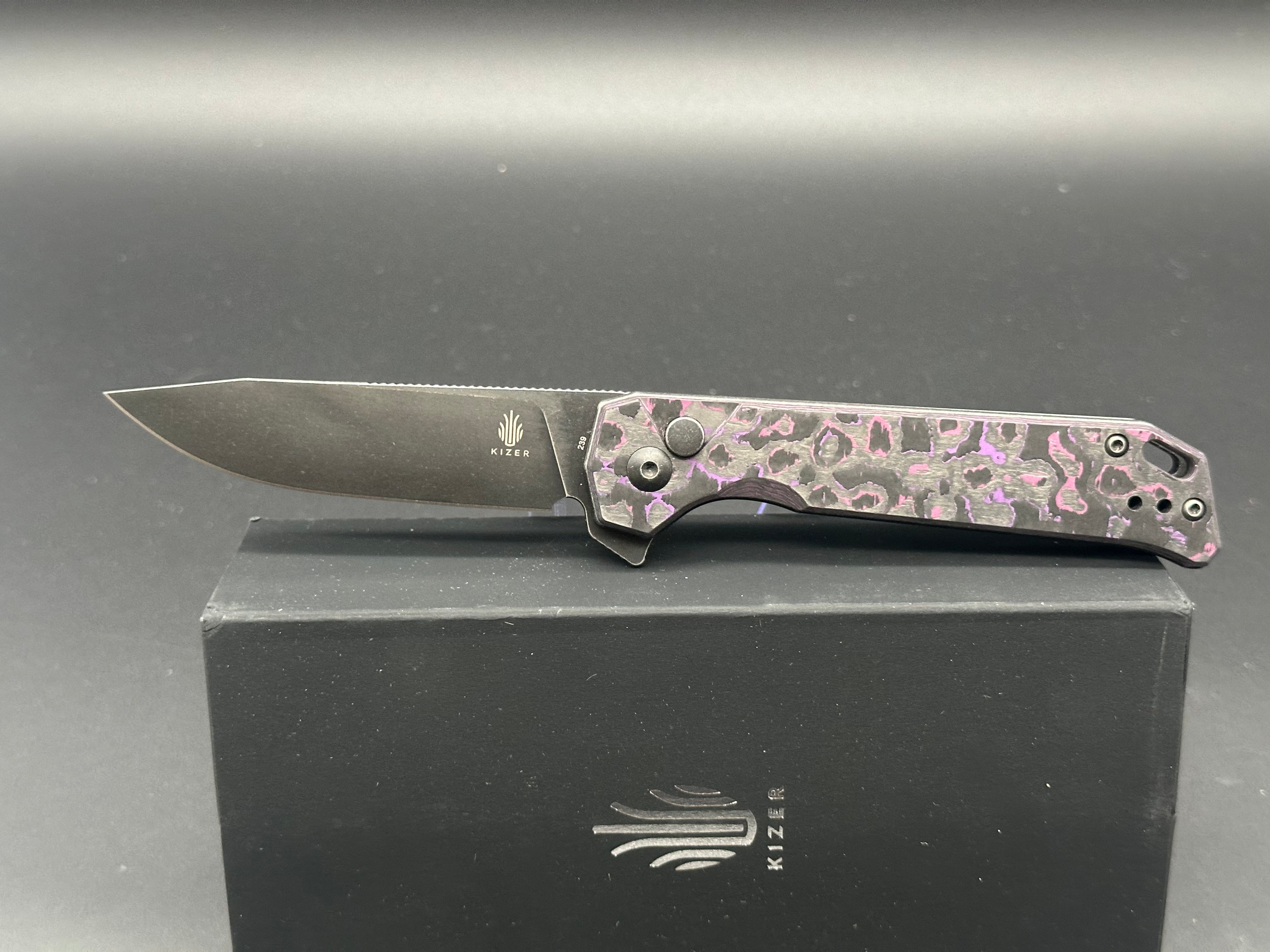 Kizer Begleiter 2 Azo Button Lock Folding Knife - Purple/Black Fat Carbon Handle, EDC Pocket Knife for Outdoor, Camping & Everyday Carry