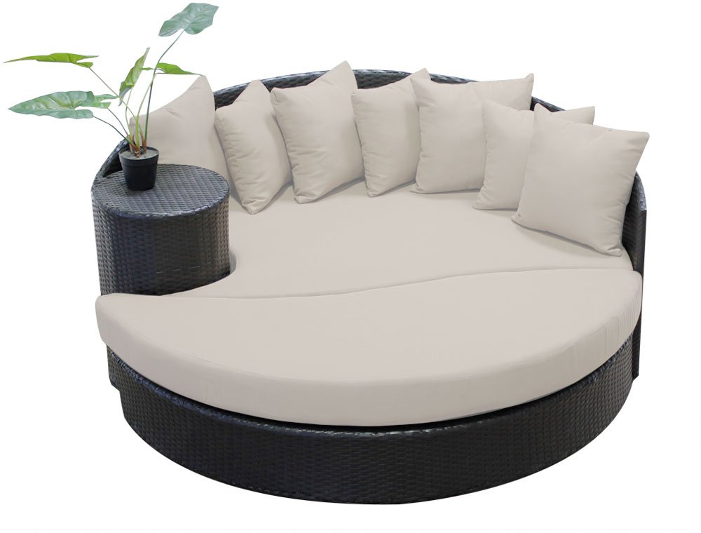 TK Classics Beige Newport Circular Sun Bed - Outdoor Wicker Patio Furniture for Poolside, Garden, and Backyard Relaxation