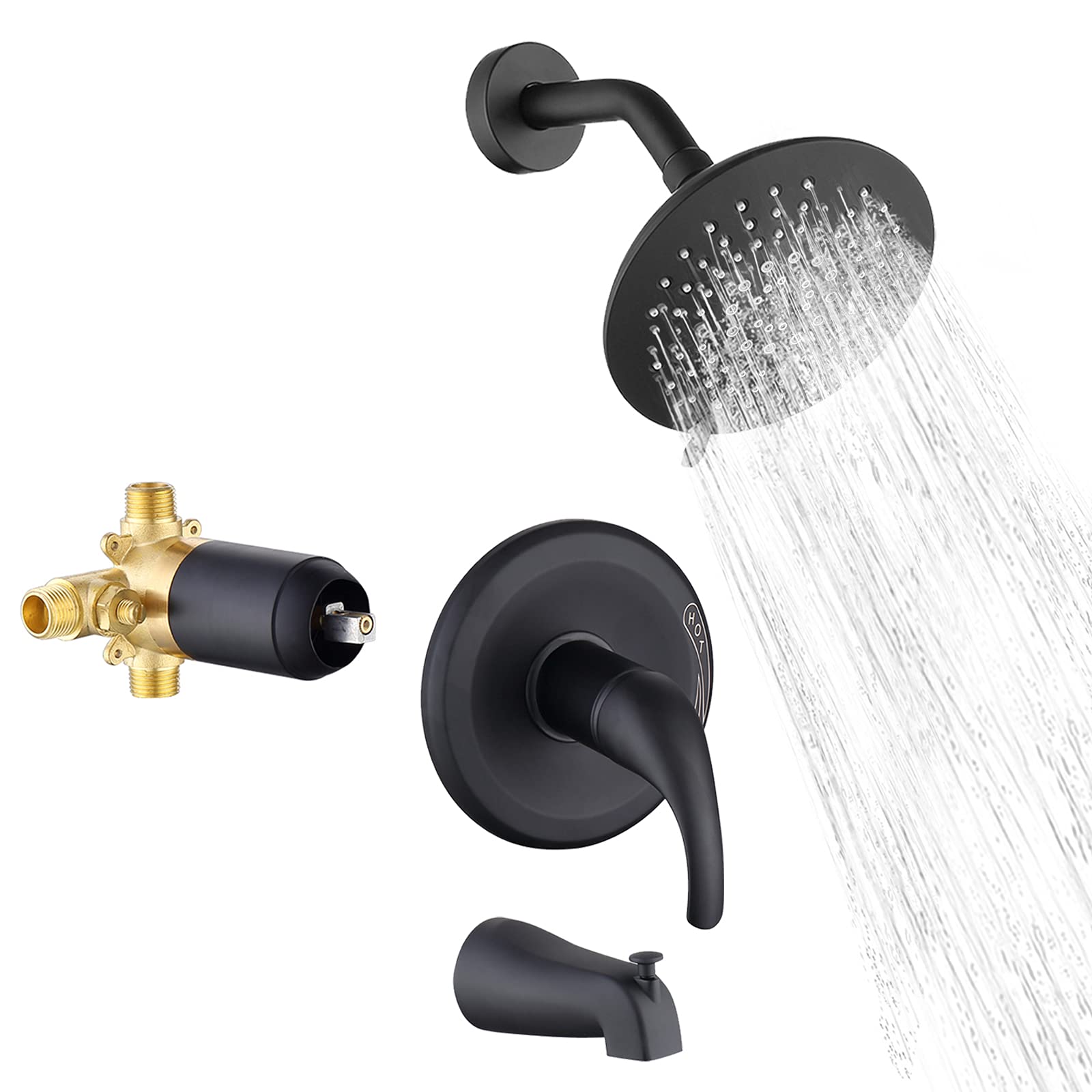 Matte Black Shower Faucet Set with Bathtub Spout & Valve - 5-Spray Shower Head & 6 Inch Rainfall Shower Head - Single Handle Tub and Shower Trim Kit - Perfect for Modern Bathroom Renovation and Spa-Like Shower Experience