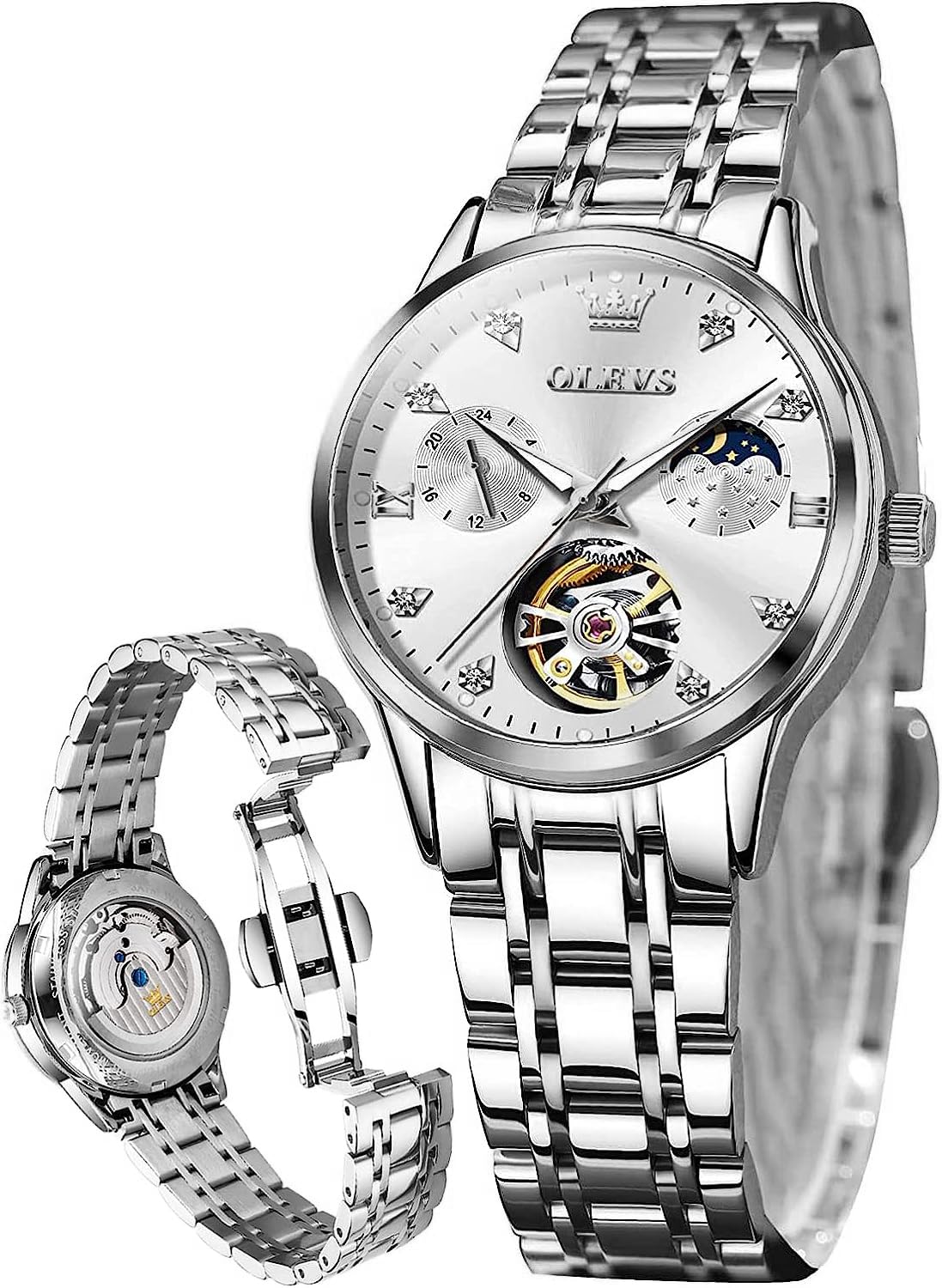OLEVS Women's Luxury Automatic Skeleton Watch with Diamond Accents - Self-Winding Tourbillon Stainless Steel Dress Watch - Waterproof, Luminous, Moon Phase - Perfect for Business, Evening Events & Special Occasions