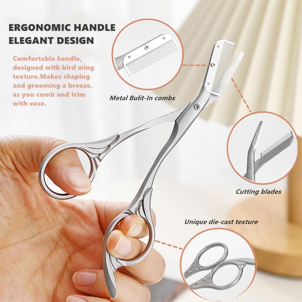 Professional Eyebrow Comb Trimmer & Scissors Set - Precision Eyebrow Grooming Kit with Comb & Brush for Men & Women - Perfect for Eyebrow Shaping, Trimming & Styling at Home or Salon