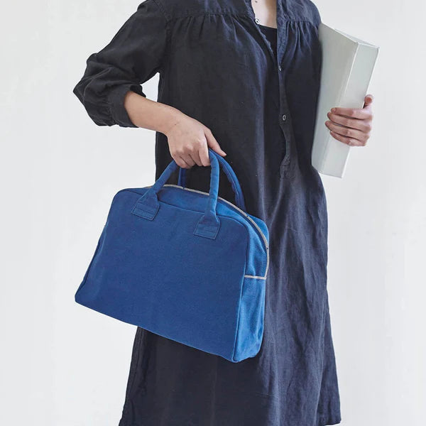 Kurashiki Hampu Canvas Briefcase - Small Size, Indigo Blue - Stylish & Durable Japanese Handmade Bag for Work, Travel & Everyday Use