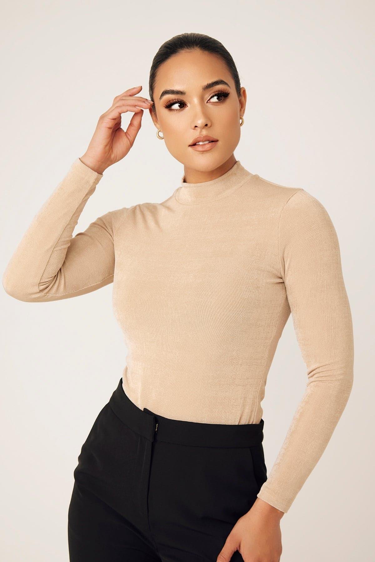 Camille Women's Long Sleeve Bodycon Shirt in Sand Color - Perfect for Office Wear, Date Nights & Casual Outfits
