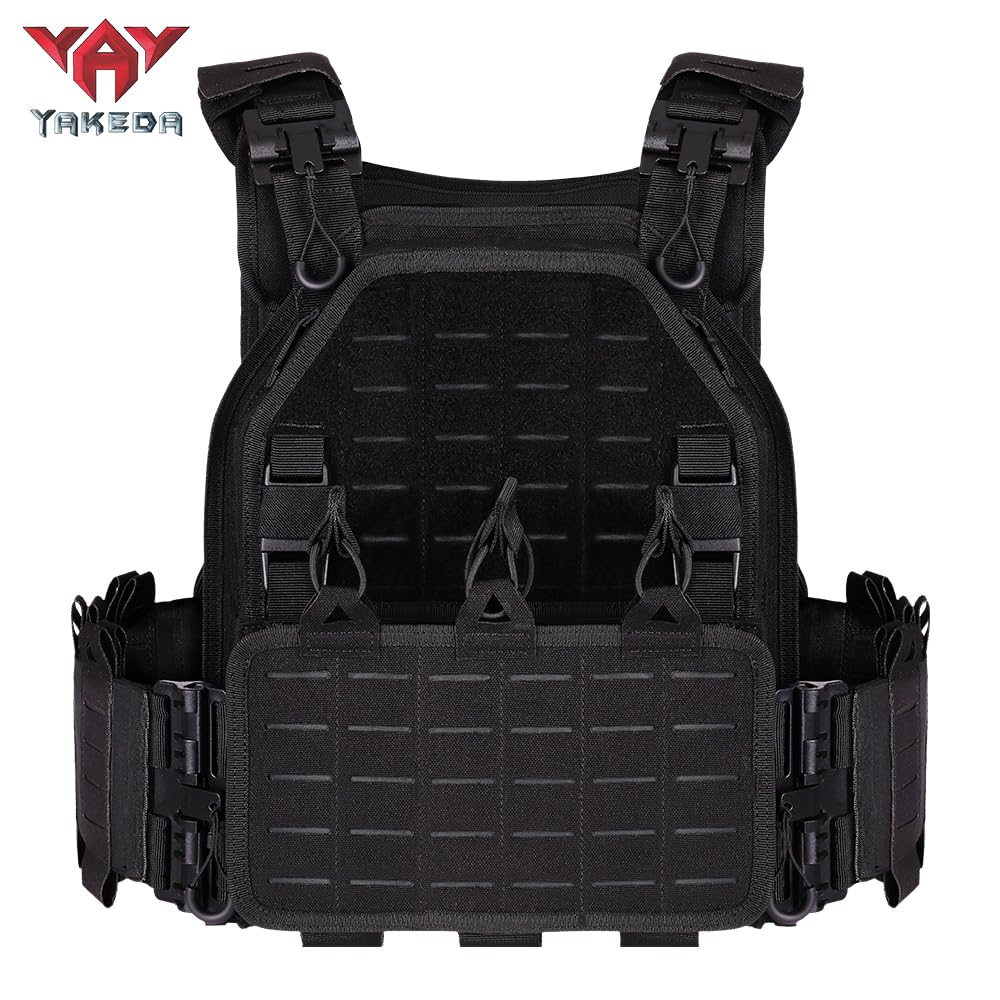YAKEDA 1000D Nylon Tactical Vest for Men - Quick Release Laser-Cut Modular Lightweight Outdoor Vest, Black, One Size (Fits Backpack) - Perfect for Hiking, Camping, Airsoft & Military Training
