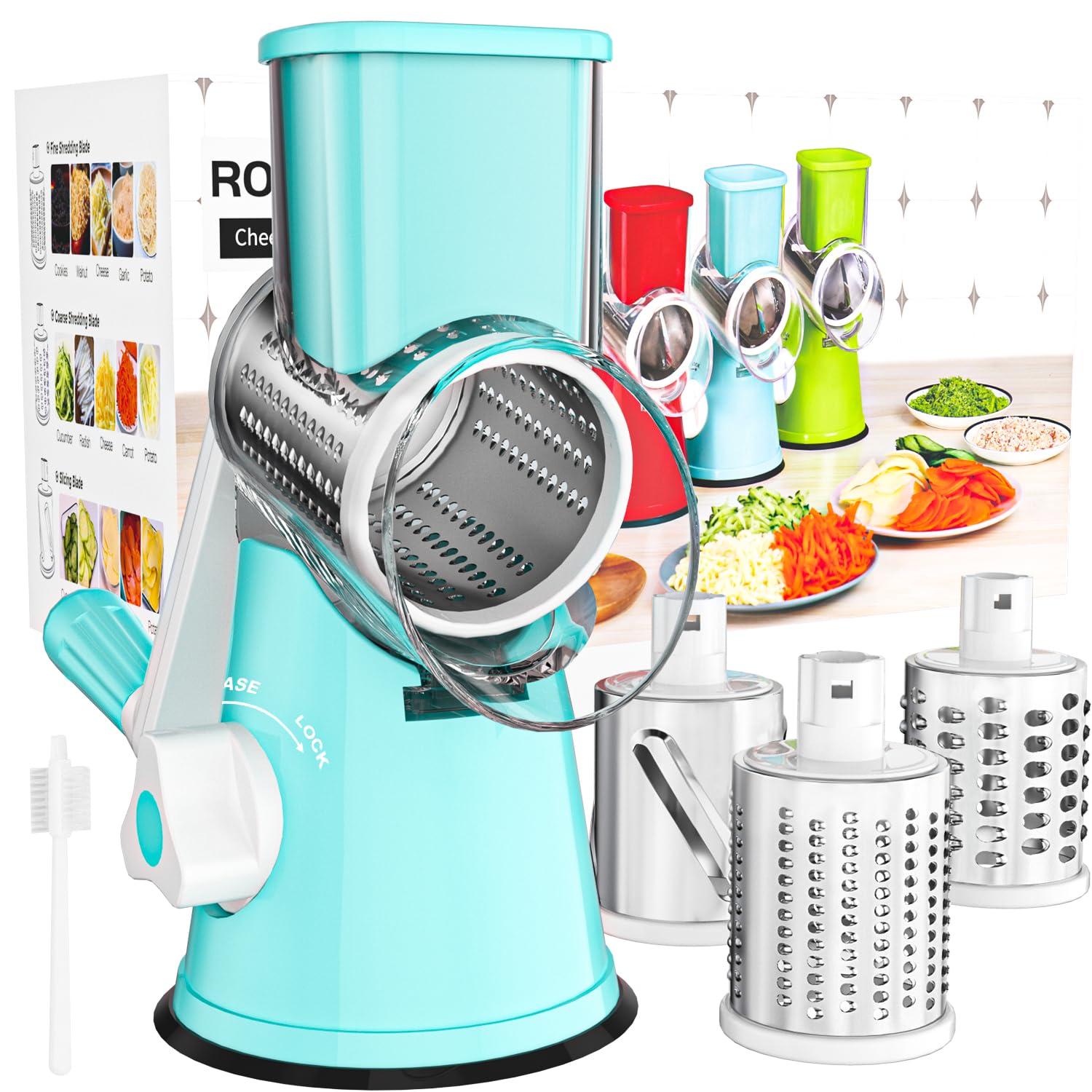 Cambom Rotary Cheese Grater - Hand Crank Cheese Shredder for Fresh Cheese, Vegetables, Nuts - Non-Slip Suction Base with Free Cleaning Brush & 3 Blades (Blue) - Perfect for Pizza, Pasta, Salads & Cooking Prep