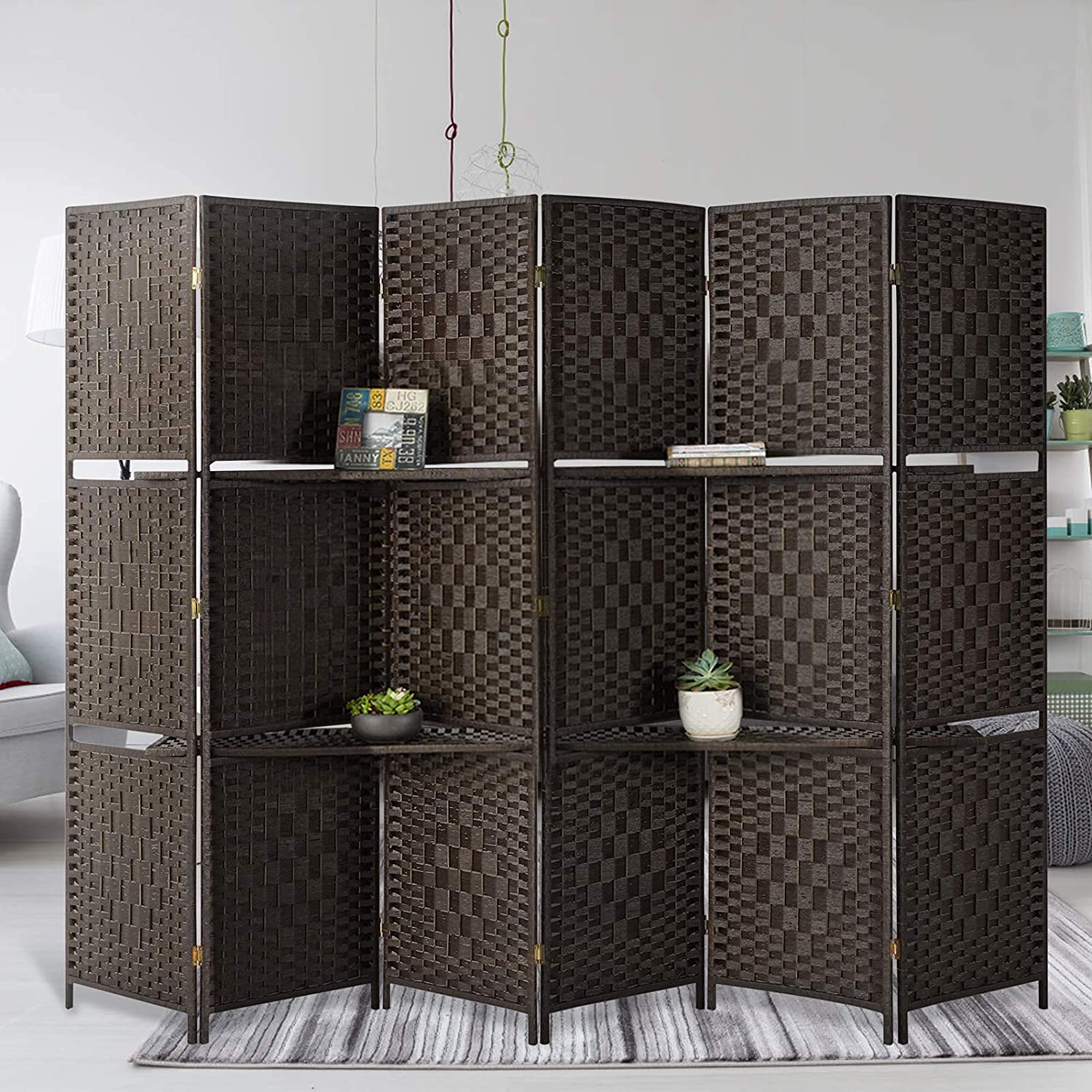 Hanzeni 4-Panel Freestanding Room Divider - Extra Wide Woven Fiber Privacy Screen with Shelves, Double Hinged Folding Partition for Bedroom, Office, Living Room | Space Separator, Home Decor, Workspace Organizer
