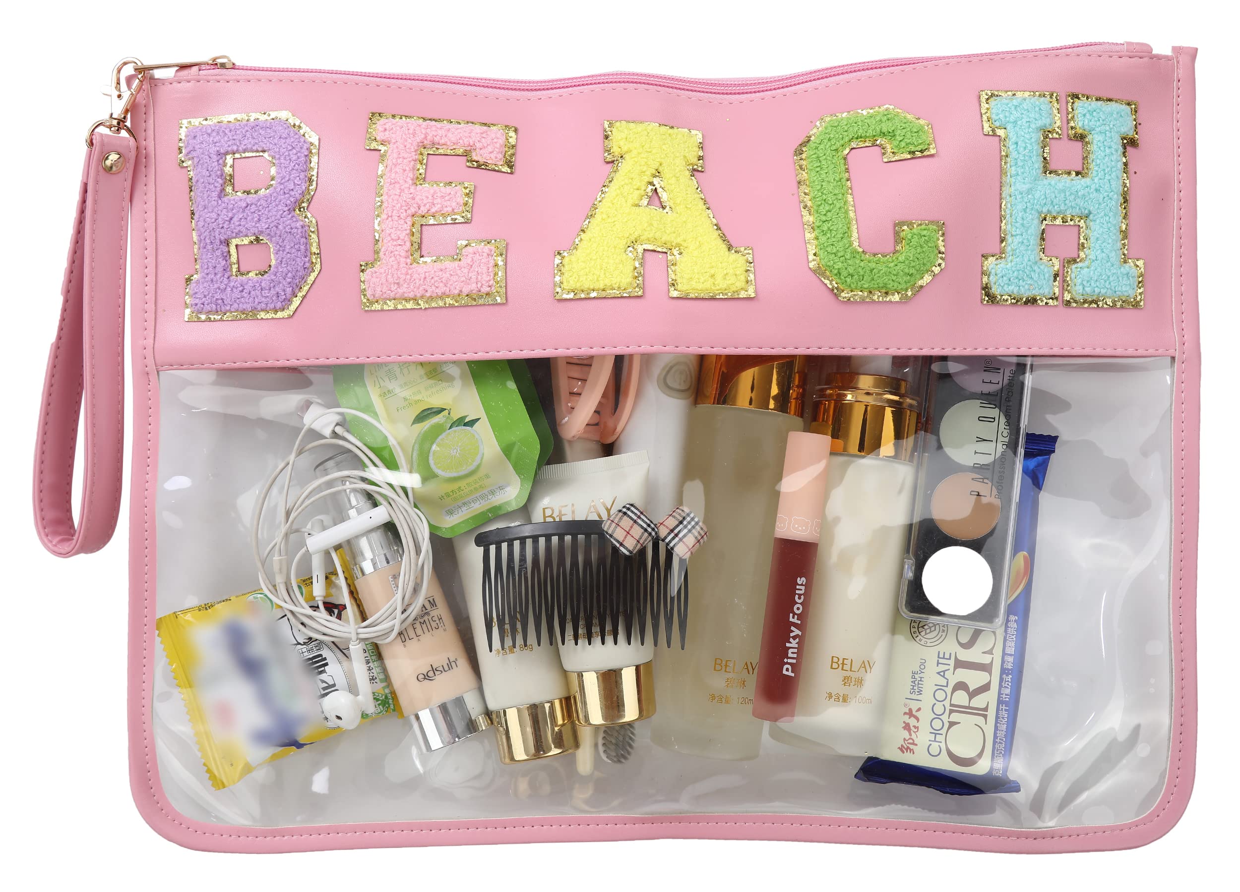 Monogram Clear Makeup Bag - Transparent Travel Cosmetic Organizer for Toiletries, Stadium Approved Letter Bag, Snack Pouch & Beach Essentials Carrier (Pink) - Perfect for Travel, Gym, Concerts & Beach Trips
