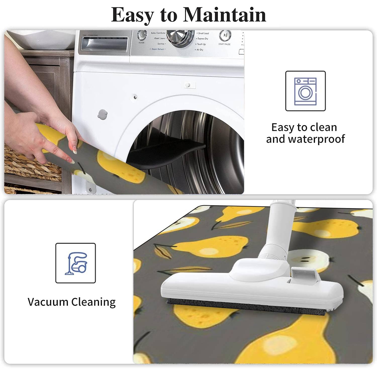 Non-Slip Washable Kitchen Rugs Set - Yellow Pear with Green Leaves Design, Gray Hand-Drawn Pears Kitchen Mat, Comfort Standing Floor Mat for Kitchen, Bathroom & Entryway Decor - Perfect for Home, Apartment & Office Use