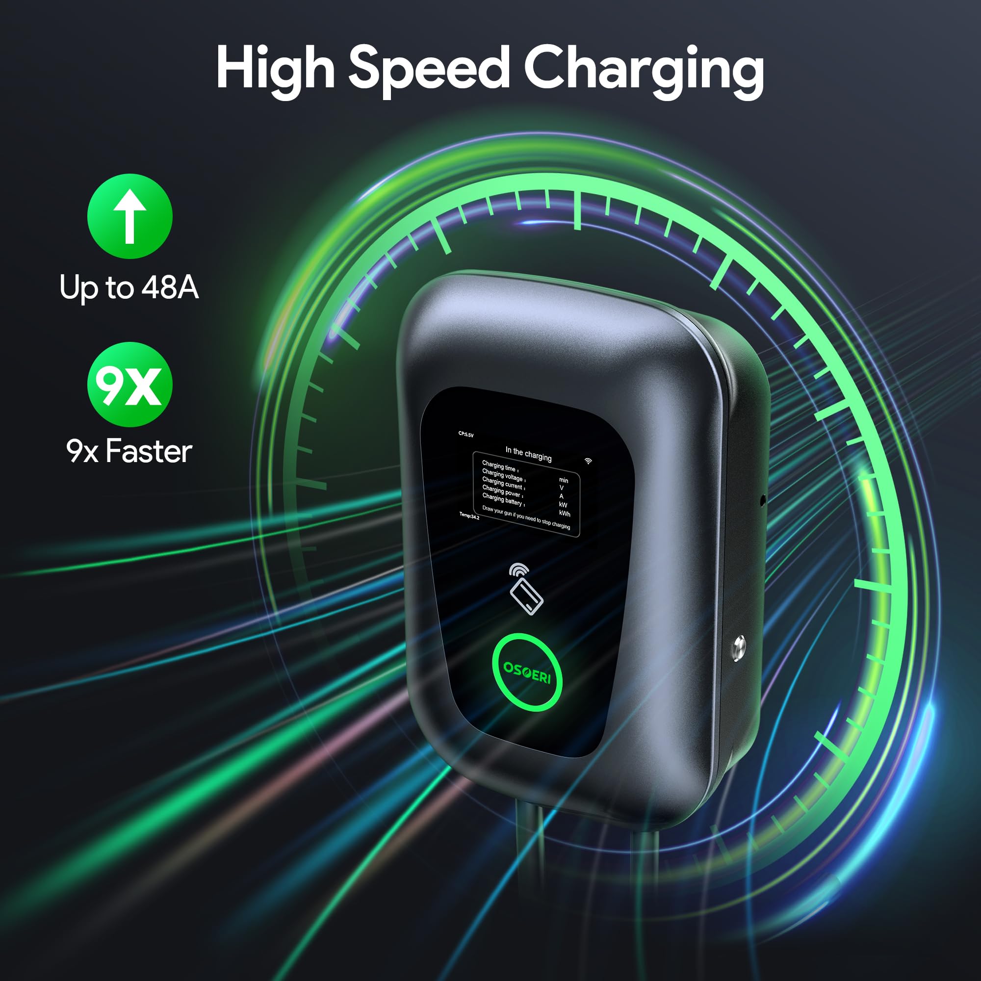 Osoeri 48A Level 2 Smart EV Charger - 240V 11.5KW J1772 Electric Vehicle Charging Station with APP Control & RFID Cards - NEMA 4 Rated Indoor/Outdoor - 24ft Cable - Perfect for Home, Office & Public Parking Charging Needs