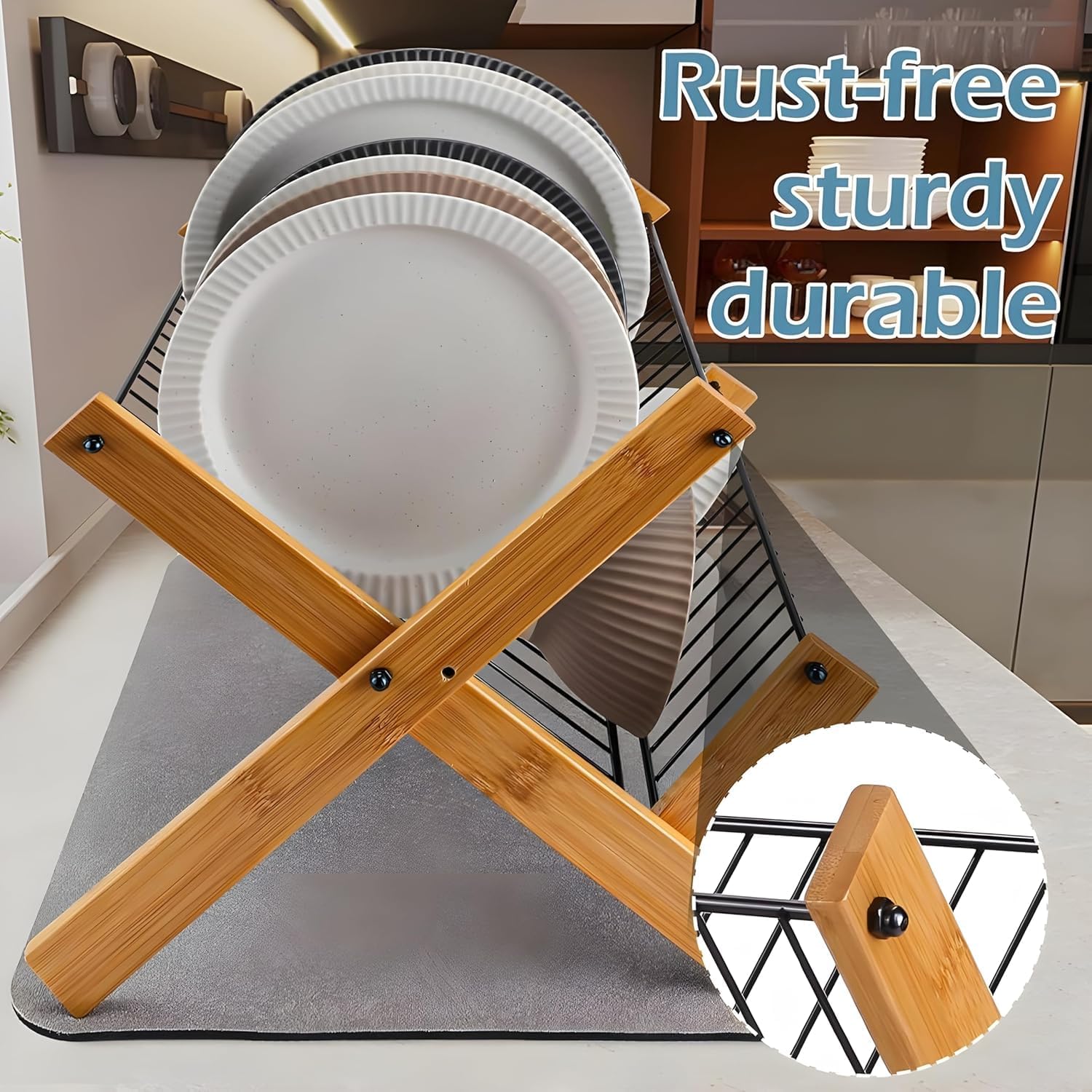 Premium 2-Tier Foldable Bamboo Dish Drying Rack with Stainless Steel Frame - Space Saving Kitchen Counter Organizer for Plates, Bowls & Utensils - Perfect for Small Apartments, RVs & Compact Kitchens (Model SS-01)