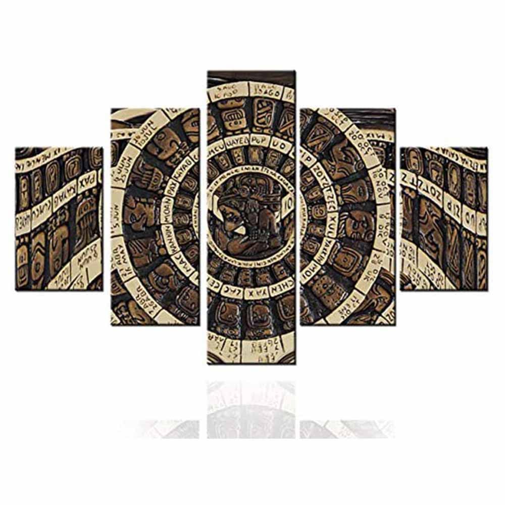 Aztec Decor Mexican Wall Art - Mayan Ancient Sculpture Canvas Painting 5 Panels (60x30in Framed) - Vintage Tribal Wall Pictures for Living Room, Bedroom & Office Decor - Perfect for Southwest, Boho & Ethnic Home Decor Styles