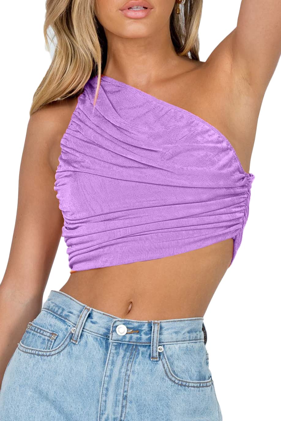 CHYRII Women's Sexy Sparkly One Shoulder Crop Top - Sleeveless Ruched Tank Top for Club, Party & Night Out | Summer Fashion & Casual Wear