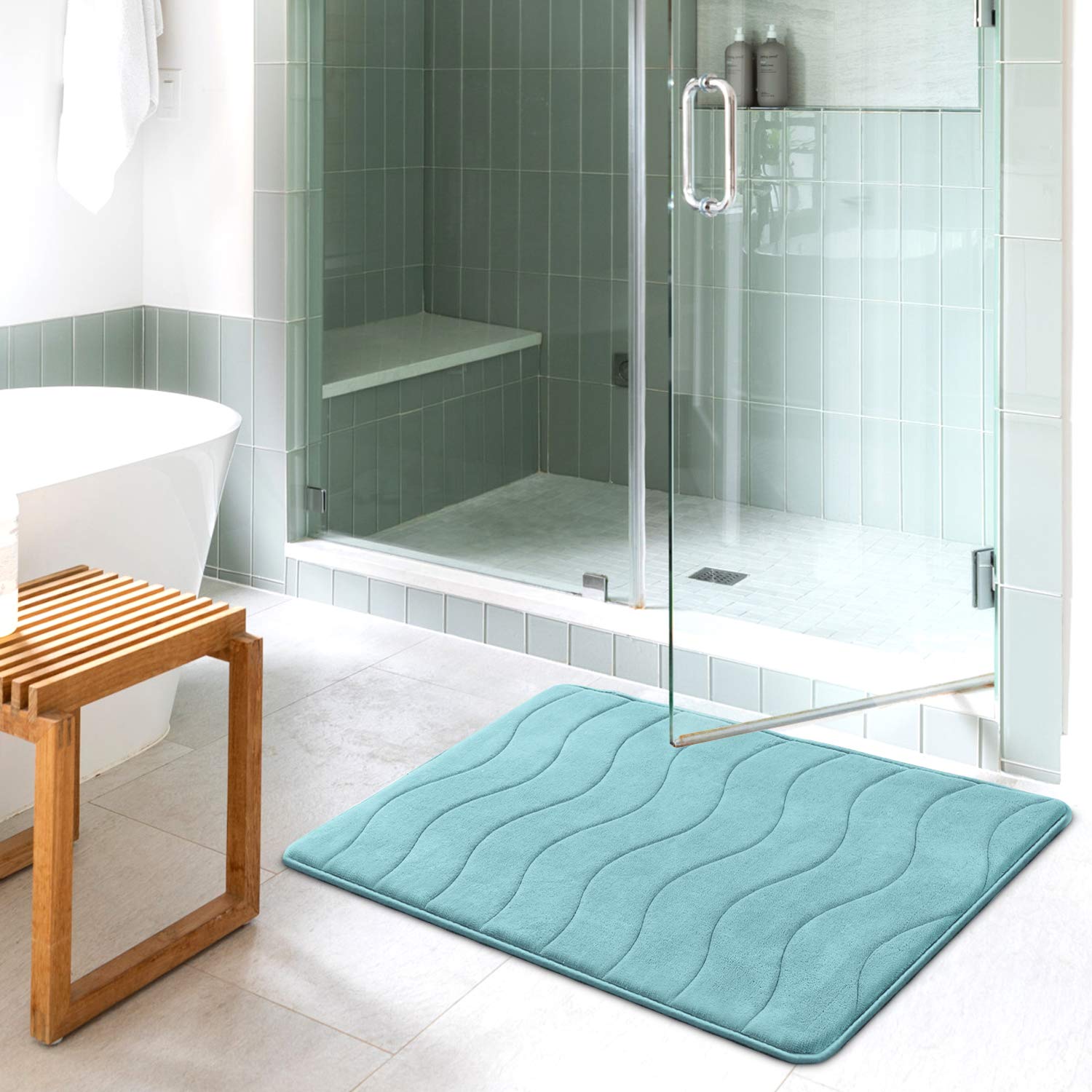 Premium Flamingo Print Memory Foam Bath Mat - Non-Slip Shower Rug for Bathroom (24x36 Inches, Aqua Green) | Soft & Absorbent Floor Mat for Shower, Bathtub & Vanity Area
