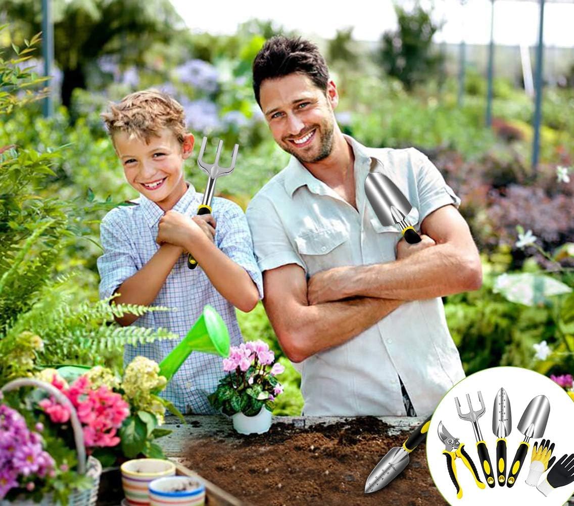 Premium Stainless Steel Garden Tool Set - 5PCS (Pruning Shears, Hand Trowel, Transplanter, Hand Rake & Gardening Gloves) for Planting, Weeding & Landscaping - Durable Outdoor Gardening Essentials for Home Gardeners
