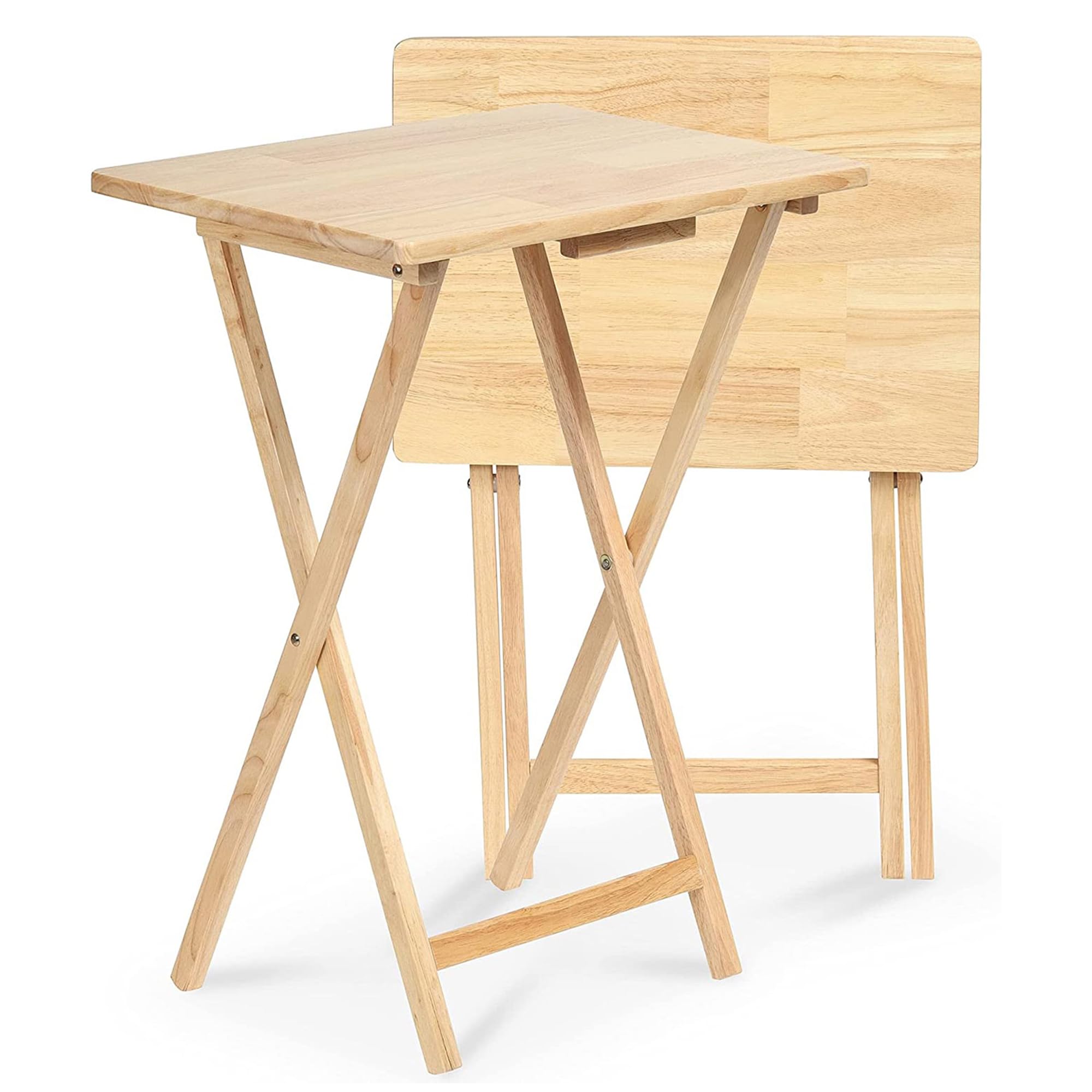 Solid Wood Folding TV Tray Table with Storage Rack - Portable Rectangle Snack Serving Tray for Living Room, Bedroom & Sofa - Natural Finish (Set of 7) - Perfect for Movie Nights, Breakfast in Bed & Small Space Living