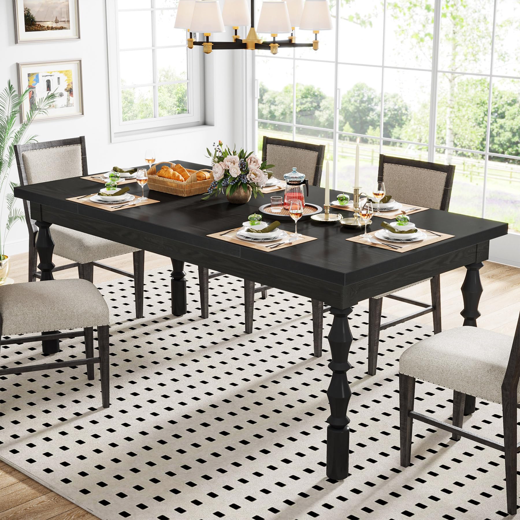 Tribesigns 62 Inch Solid Wood Dining Table for 4-6 People - Farmhouse Style Large Rectangle Kitchen Table with Carved Turned Legs - Modern Dinner Table for Kitchen & Dining Room - Perfect for Family Gatherings, Dinner Parties and Daily Meals