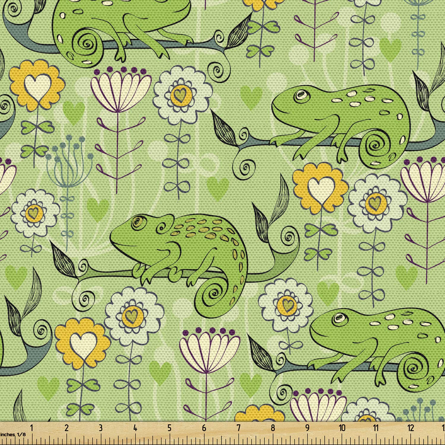 Ambesonne Floral Fabric by The Yard - Chameleon on Branches with Hearts & Flowers on Pale Background | Decorative Upholstery & Home Decor Fabric | 10 Yards Mustard Cream Green | Perfect for DIY Curtains, Pillow Covers & Craft Projects