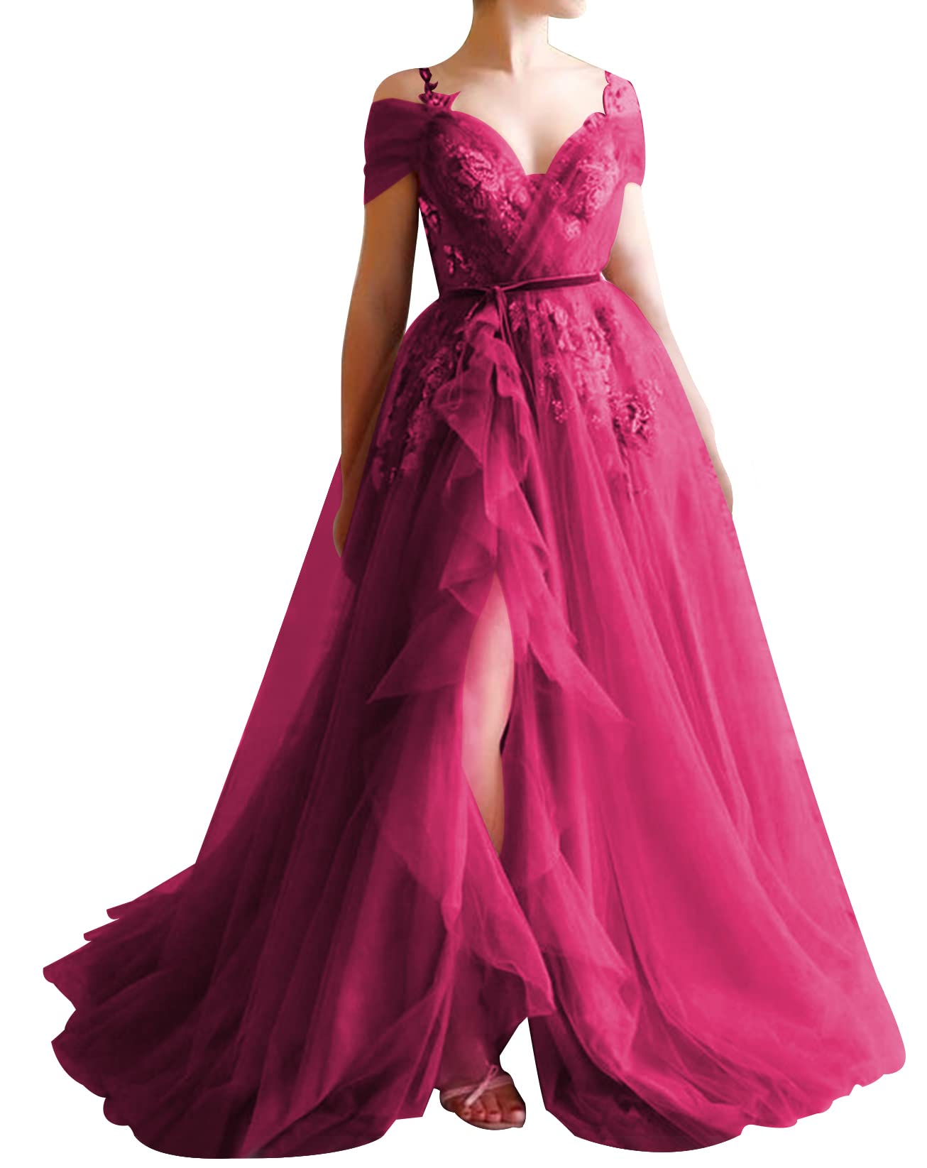 Elegant Off-The-Shoulder Tulle Prom Dress with V-Neck & High Slit - Formal Evening Gowns for Homecoming, Prom Night & Special Occasions