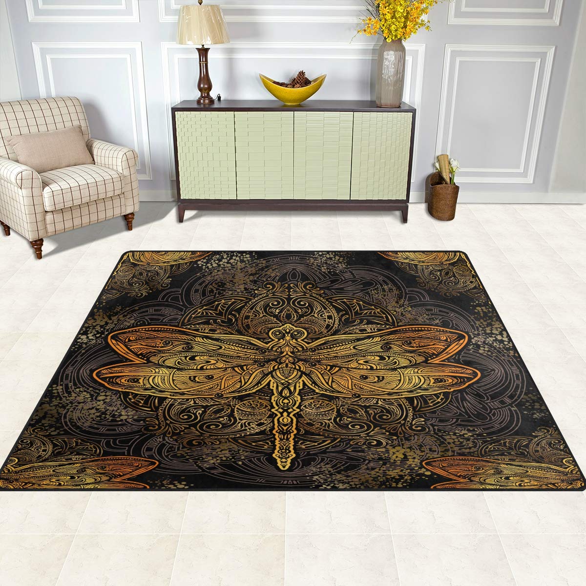 ALAZA Gold Dragonfly Mandala Floral Area Rug 7' x 5' - Bohemian Home Decor for Living Room, Bedroom, Dorm | Soft Non-Slip Floor Mat for Yoga, Meditation & Cozy Spaces
