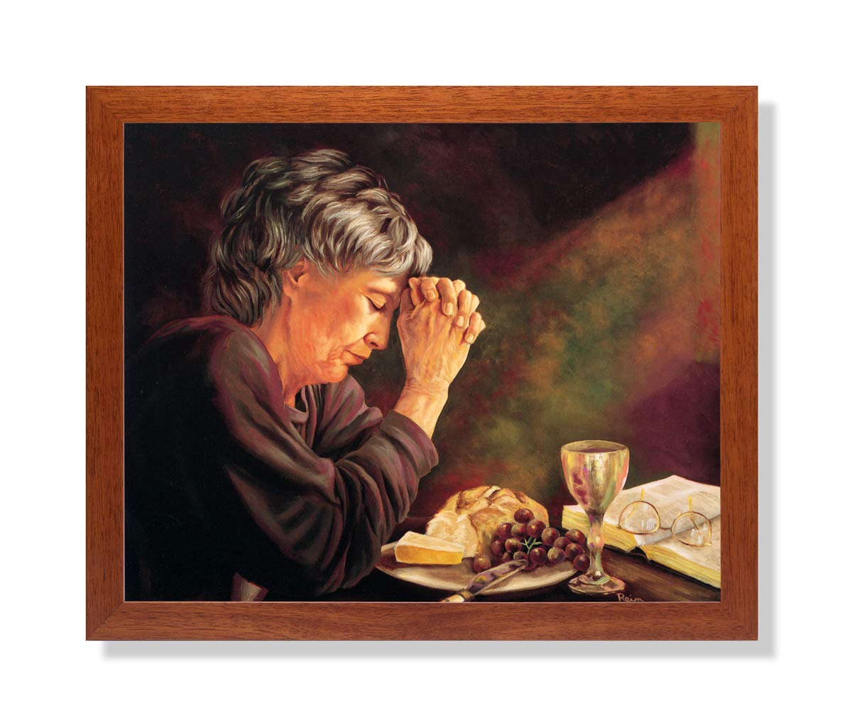 Gratitude Old Lady Praying at Dinner Table - Religious Wall Art Print 16x20 - Inspirational Christian Home Decor for Kitchen, Dining Room & Bedroom