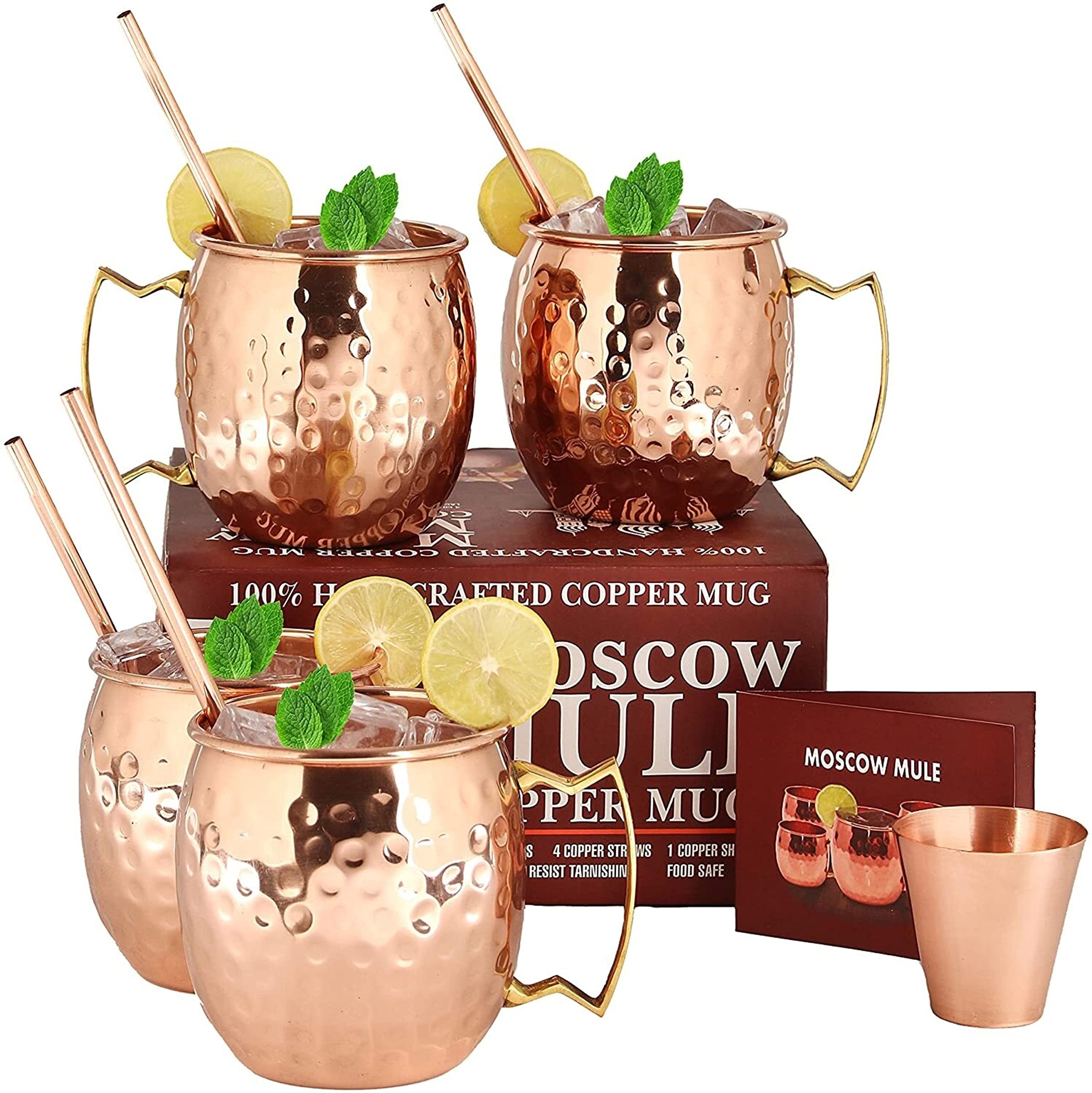 Premium Moscow Mule Copper Mugs Set of 4 - 16 oz 100% Pure Solid Copper Cups with 4 Cocktail Straws, Shot Glass & Recipe Book - Perfect for Cocktail Parties, Home Bars & Gifts