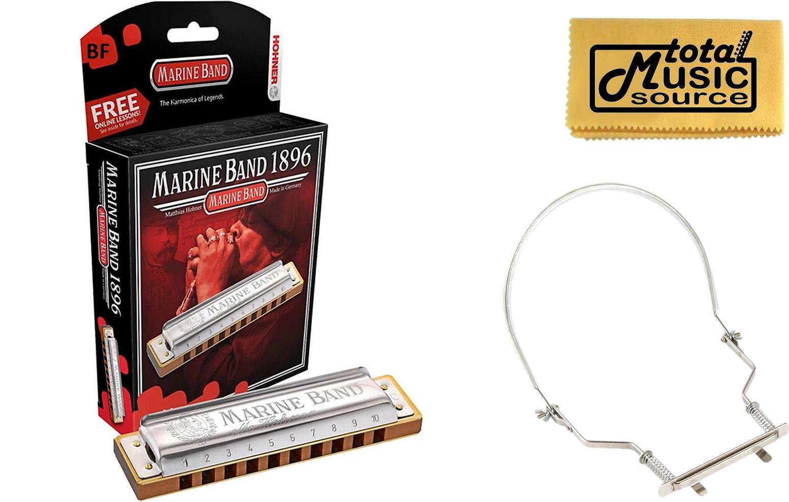 HOHNER Marine Band Harmonica in Key Bb - Professional German-Made Blues Harmonica with Case & Holder (1896BL-BF Pack) - Perfect for Blues, Folk & Live Performances