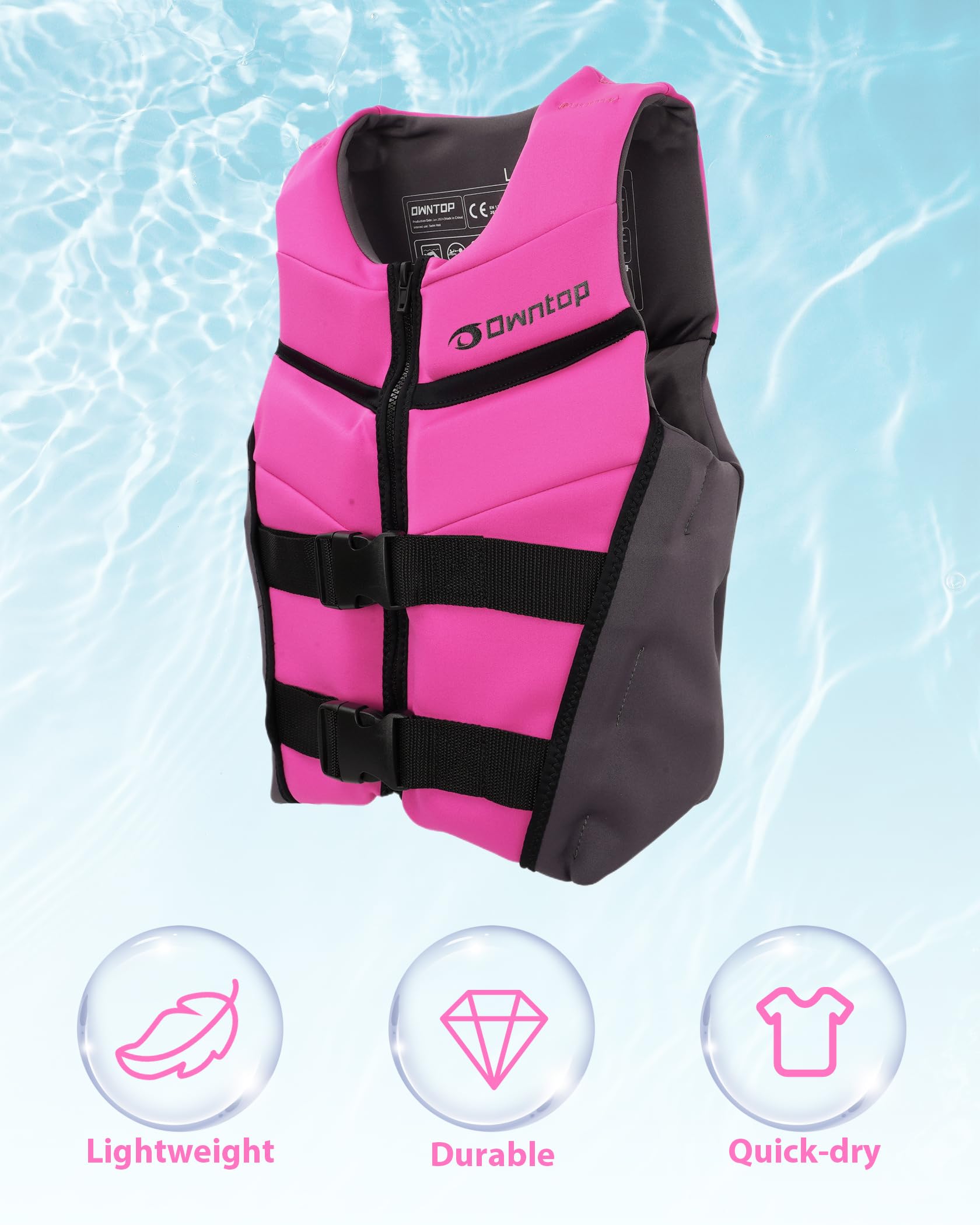 Owntop Youth Kids Swim Vest - Lightweight & Quick-Dry Adjustable Buoyancy Aid with Buckles & Zipper for Kayaking, Swimming Training, Boating & Water Sports (Fits 50-125 lbs) - Perfect for Pool Safety, Beach Activities & Summer Water Fun