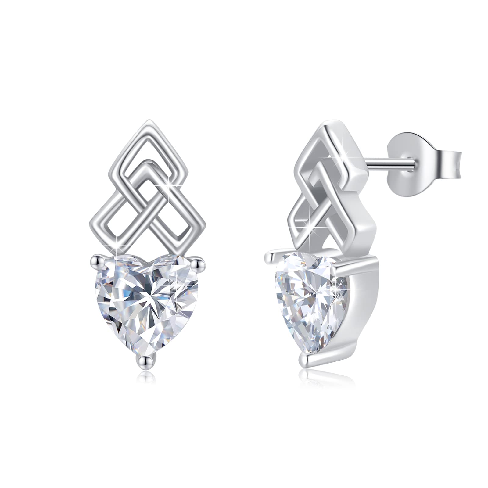 Celtic Knot Birthstone Earrings for Women - Sterling Silver with CZ Heart Studs | Irish Trinity Jewelry | Perfect Mother's Day & Birthday Gifts | Elegant Everyday Wear & Special Occasion Jewelry