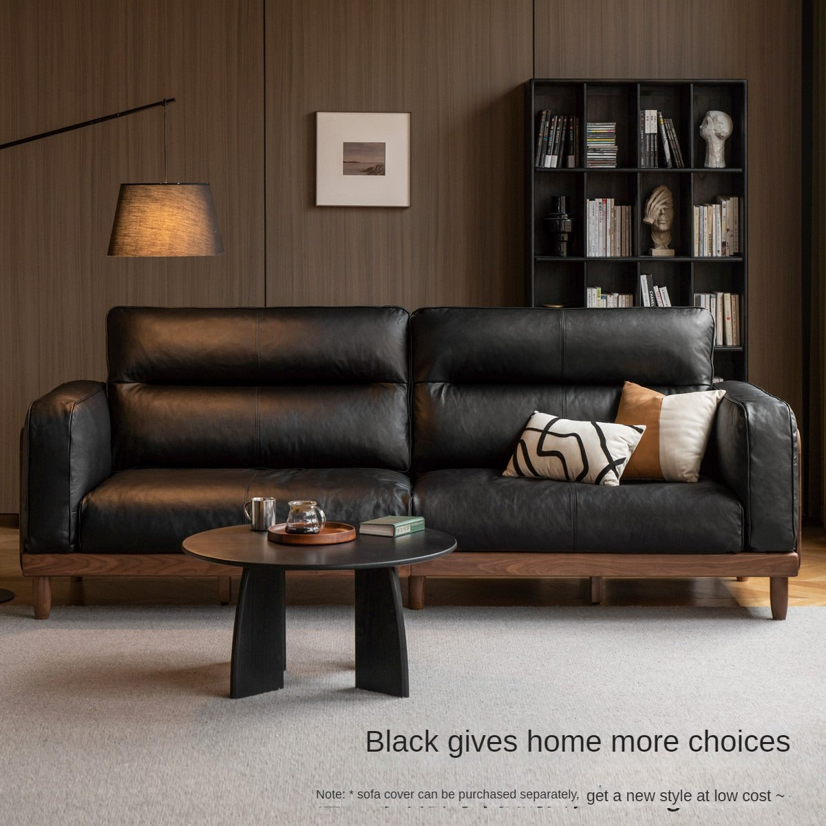 Premium Black Walnut & Ash Solid Wood Leather Sofa with Genuine Yellow Cowhide Upholstery - Luxury Living Room Furniture for Modern Home Decor