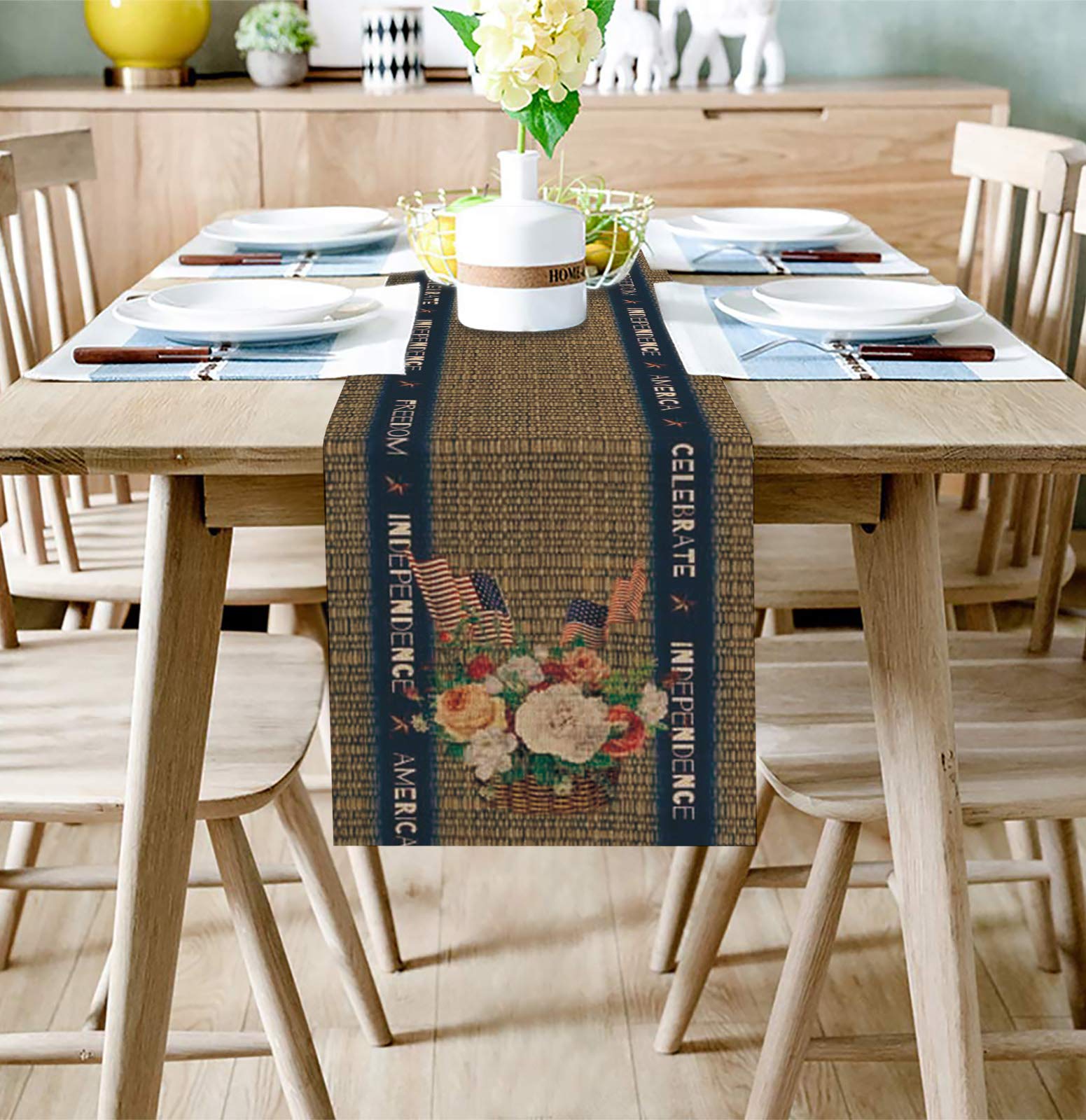 72 Inch Burlap Linen Table Runner - Independence Floral Basket Design for 4th of July Decor, Farmhouse Striped Table Scarf for Kitchen, Dining, Coffee Tables & Banquet Events | Rustic Home & Party Decoration