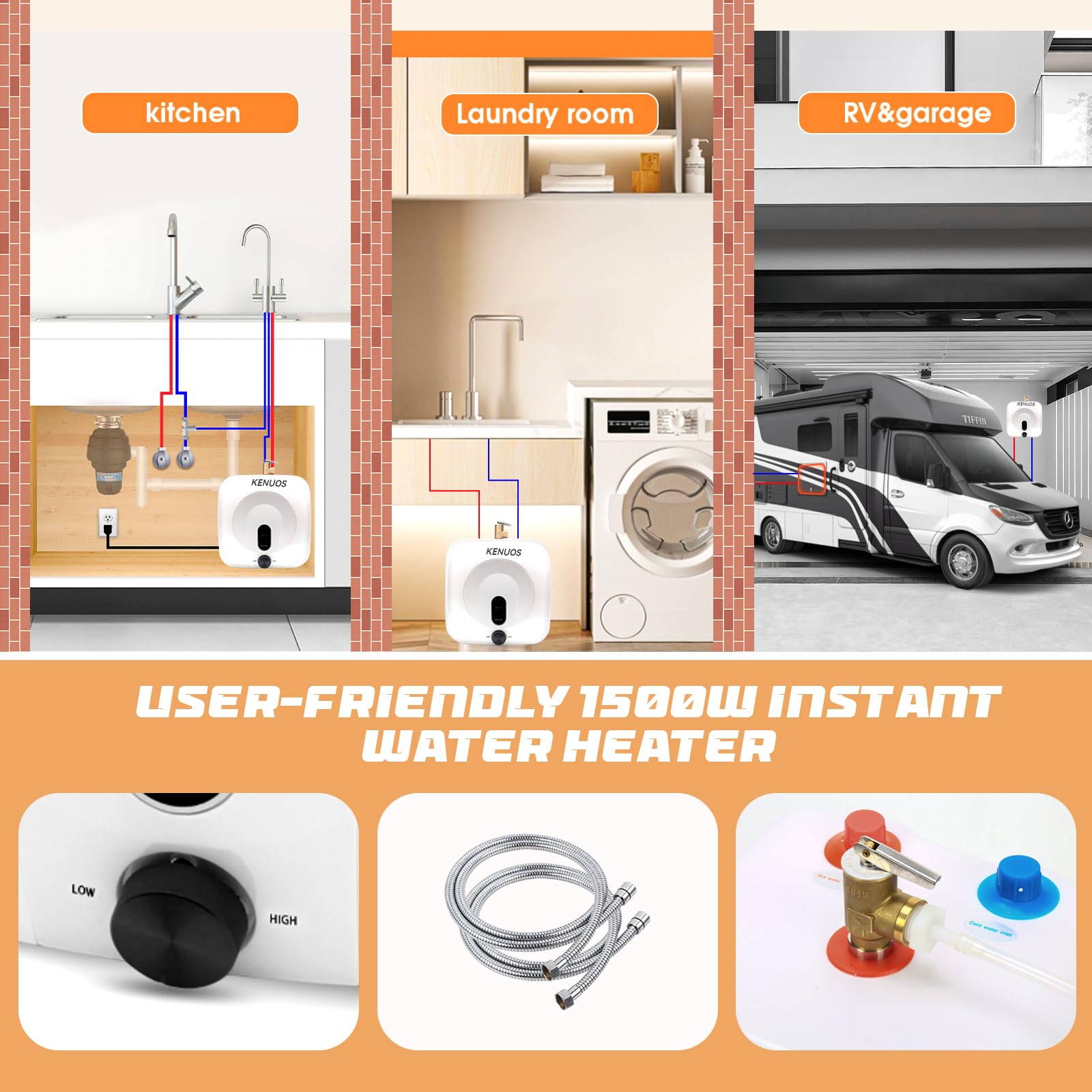 2.5 Gallon Mini Tank Water Heater - Under Sink Instant Hot Water System, 1500W 120V Compact Electric Water Heater with 1/2