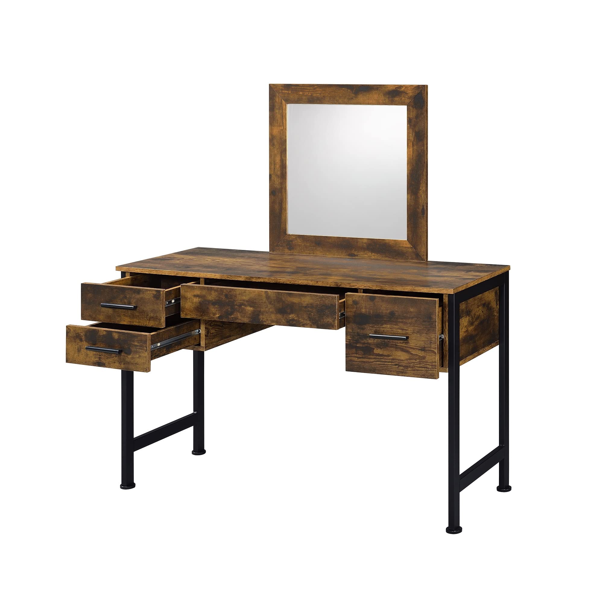 Elountik Industrial Vanity Desk & Mirror Set - Rustic Oak & Black Finish, 4-Drawer Dressing Table for Bedroom & Dressing Room | Perfect for Makeup, Hair Styling & Home Decor