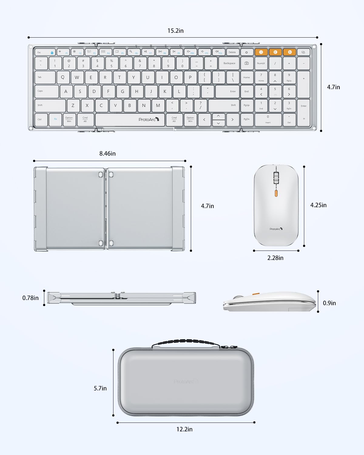 ProtoArc XKM01 Foldable Bluetooth Keyboard and Mouse Combo - Full-Size Portable Wireless Keyboard with 2.4G & Dual Bluetooth for Laptop, iPad, Tablet - White Silver - Perfect for Business Travel & Mobile Office Use