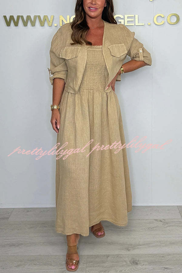 Stylish Solid Color Casual Short Jacket with Suspenders & Pleated Maxi Dress Set for Women | Perfect for Spring Outfits, Date Nights & Office Wear