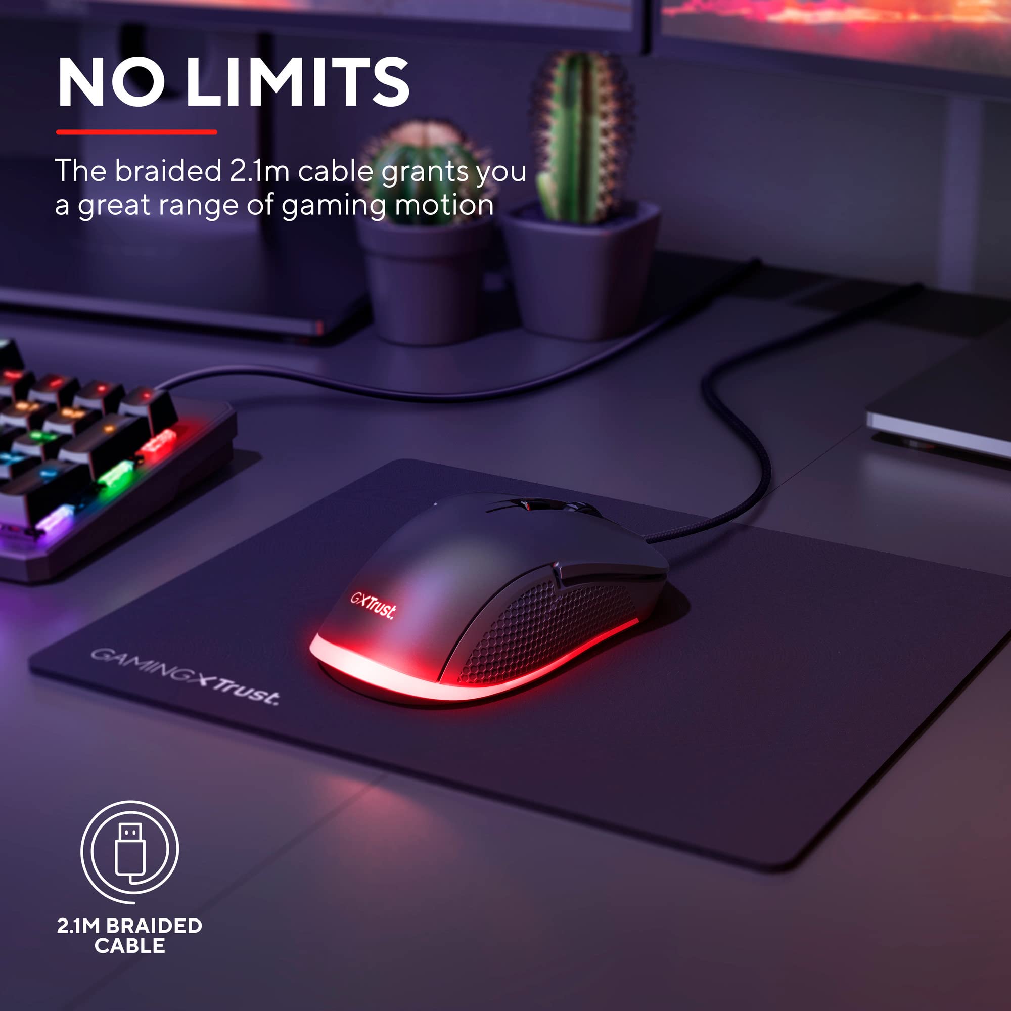Trust GXT 922 Ybar Gaming Mouse - 200-7200 DPI Adjustable, RGB LED Backlit, 6 Programmable Buttons with Advanced Software, 2.1m Braided USB Cable for PC, Laptop, Mac (Black) - Perfect for FPS, MOBA & MMO Gaming