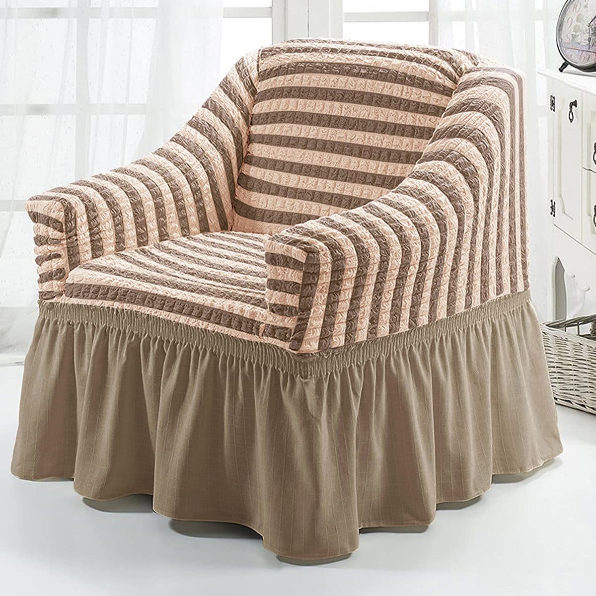 Stretch Sofa Slipcover - Washable Elastic Furniture Protector for Couch, Sofa & Bed - Fits Small Couches with Skirt - Pet & Kid Friendly - Striped Brown - Perfect for Living Room, Family Room & Home Decor