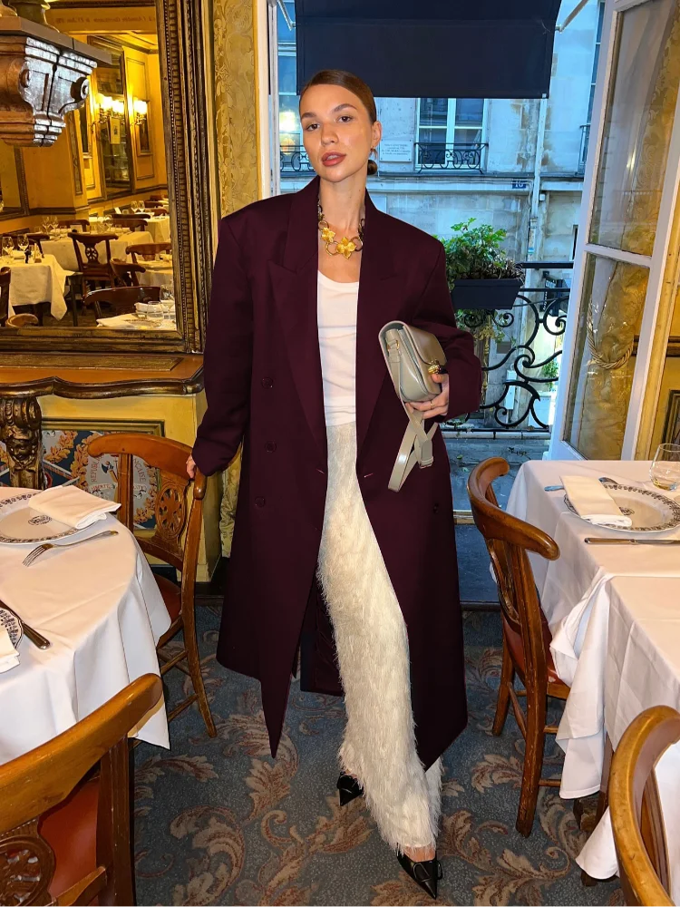 Stylish Burgundy Red Double Breasted Oversized Overcoat for Women - Casual Lapel Pockets Long Sleeve Coat - High Street Fashion for Work, Dating & Fall/Winter Outfits