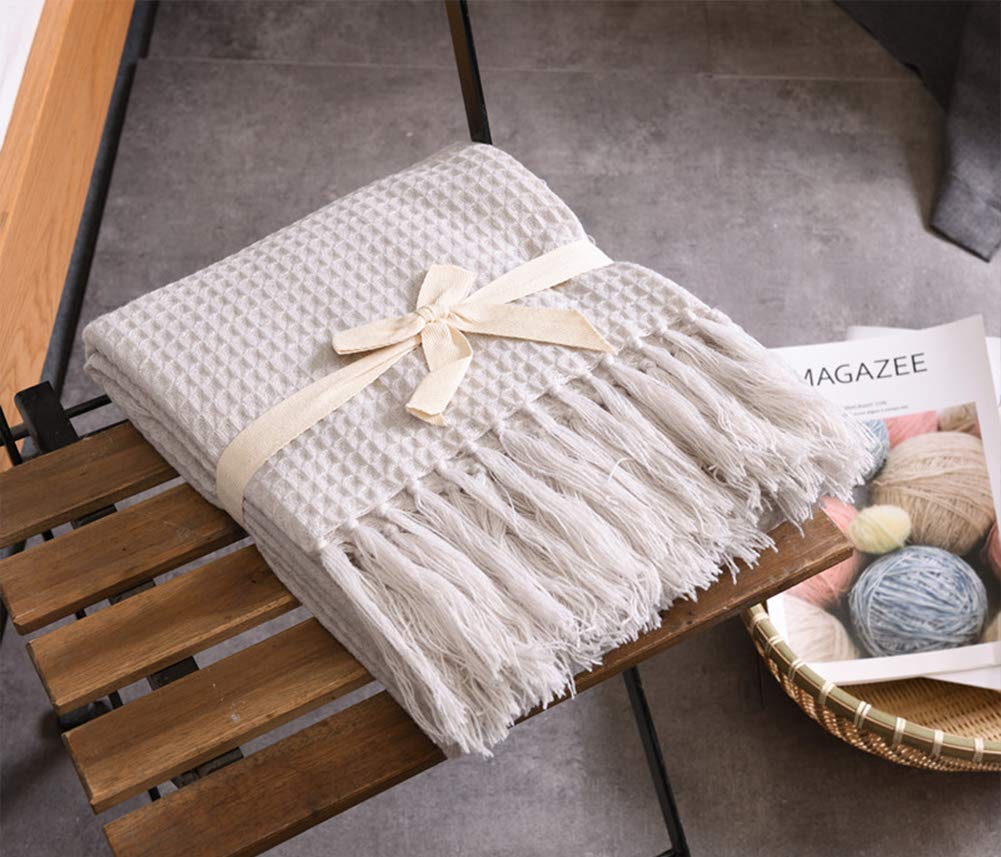 Soft Waffle Knit Throw Blanket - Cozy Embossed Knitted Fringe Decorative Blanket for Couch, Bed & Sofa - All Season Luxury Blanket 51