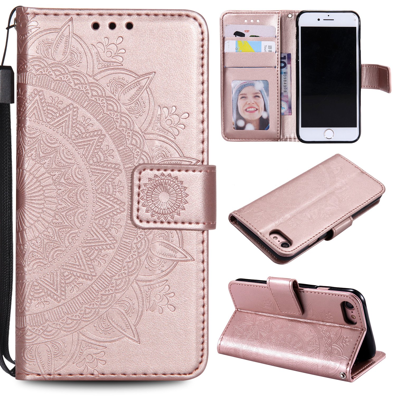 EYZUTAK Mandala PU Leather Flip Phone Case for iPhone SE (5G) 2022/iPhone 7/iPhone 8/iPhone SE 2020 - Ultra Slim Magnetic Closure with Card Slot, Embossed Design & Lanyard (Rose Gold) | Perfect for Everyday Use, Travel & Gift Giving