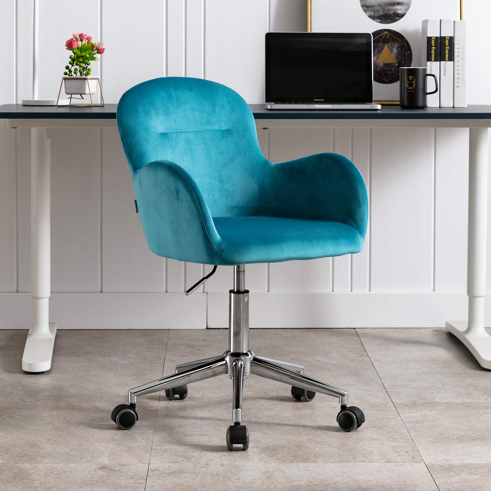 Modern Velvet Desk Chair - 360° Swivel Ergonomic Office Chair with Adjustable Height, Lake Blue Upholstered Task Chair for Home Office, Gaming & Reception Areas | Comfortable Computer Chair for Work & Study