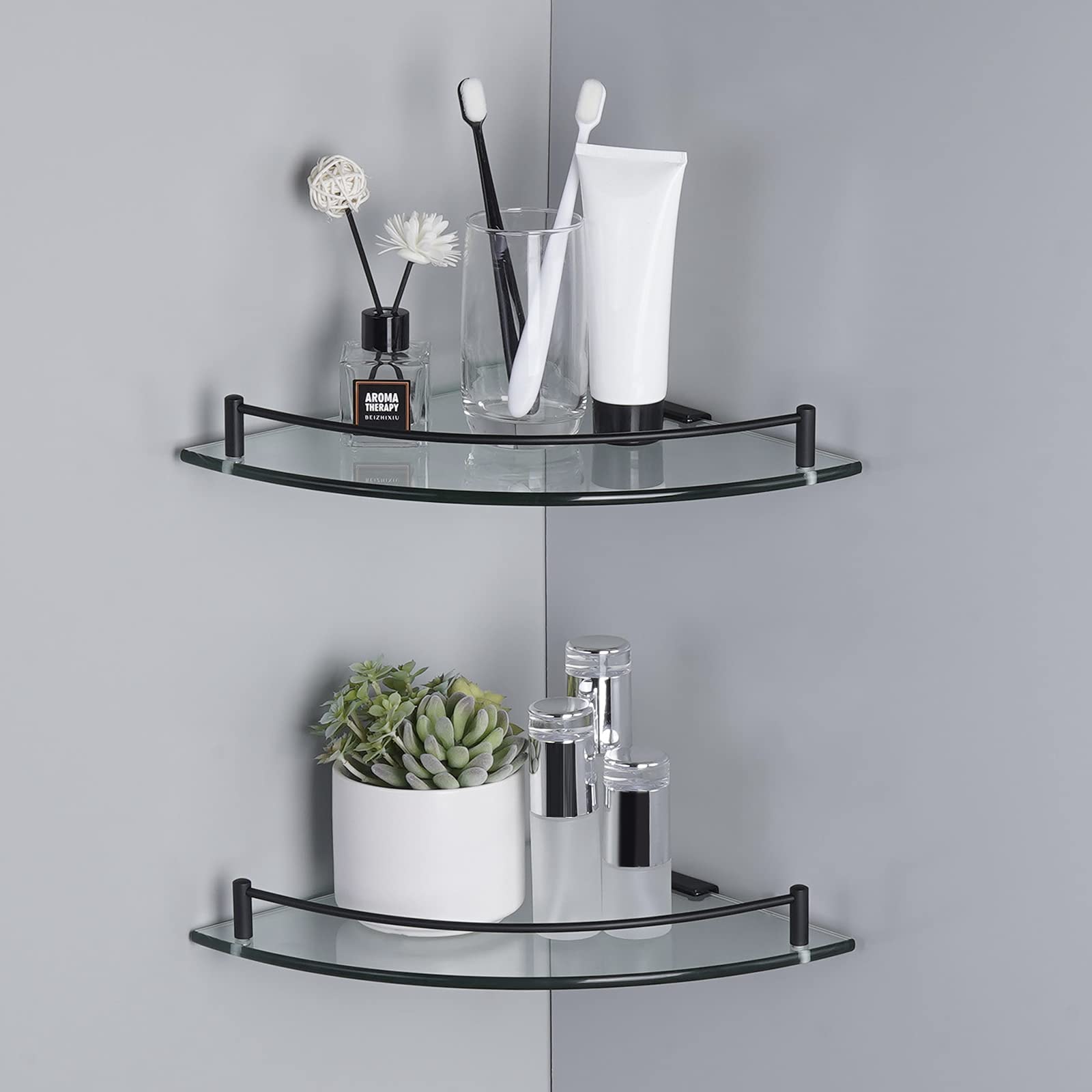 KES 2-Pack Tempered Glass Corner Shelf for Bathroom - Wall Mount with SUS 304 Stainless Steel Rail in Matte Black (BGS2101A-BK-P2) | Perfect for Shower Storage & Bathroom Organization