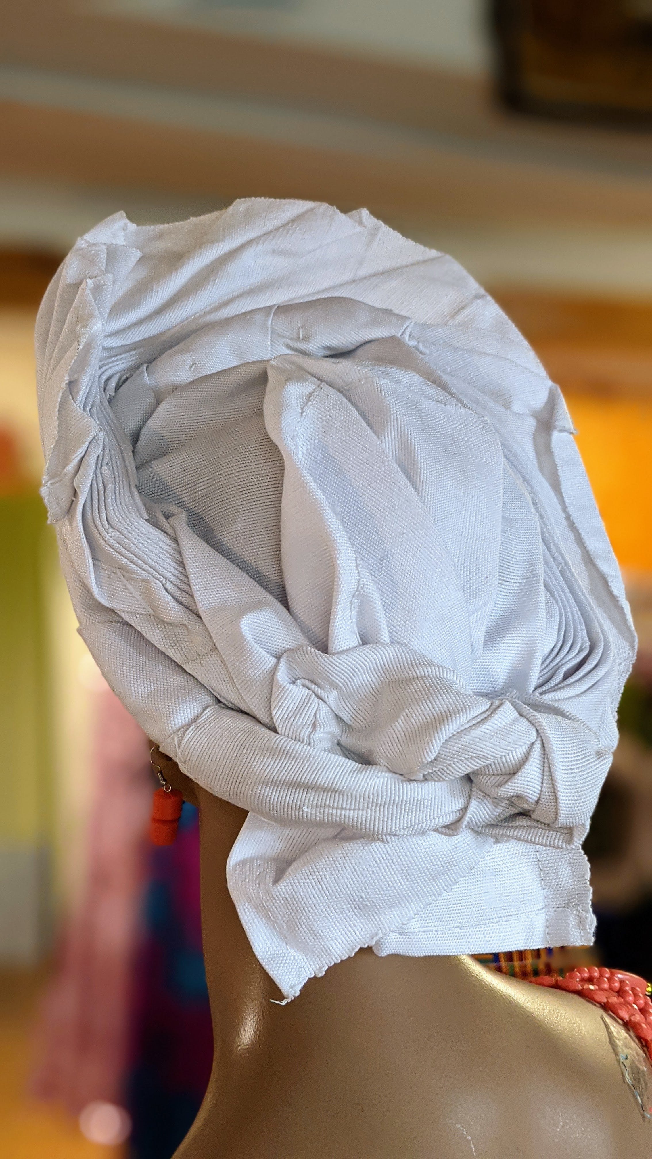 All White Funke Aso Oke Pre-Tied Head Wrap Auto Gele Hat - Elegant African Headpiece for Weddings, Church & Special Occasions | DPAW3949A